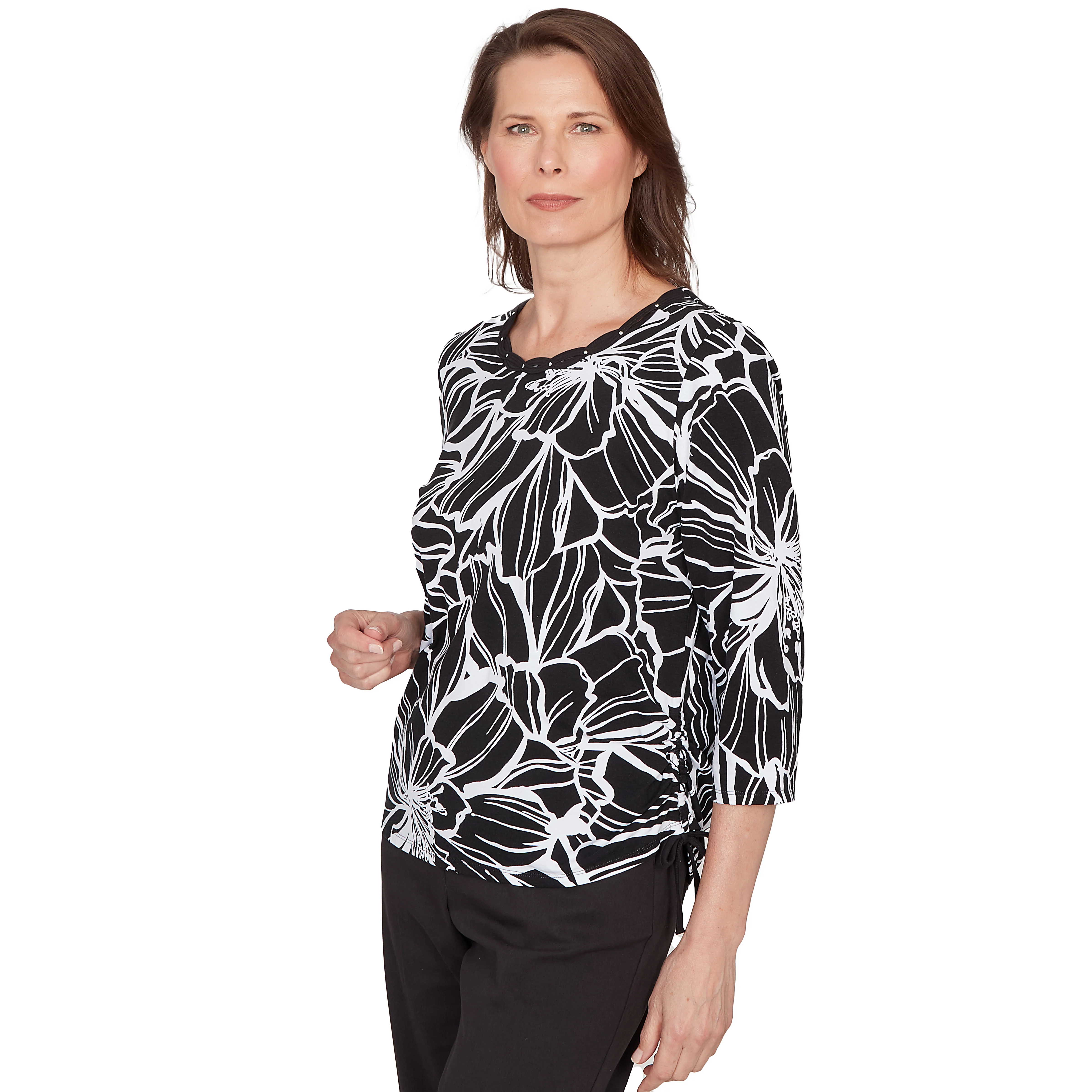 Alfred Dunner Floral Linework Side Tie Ruched Top - Image 3
