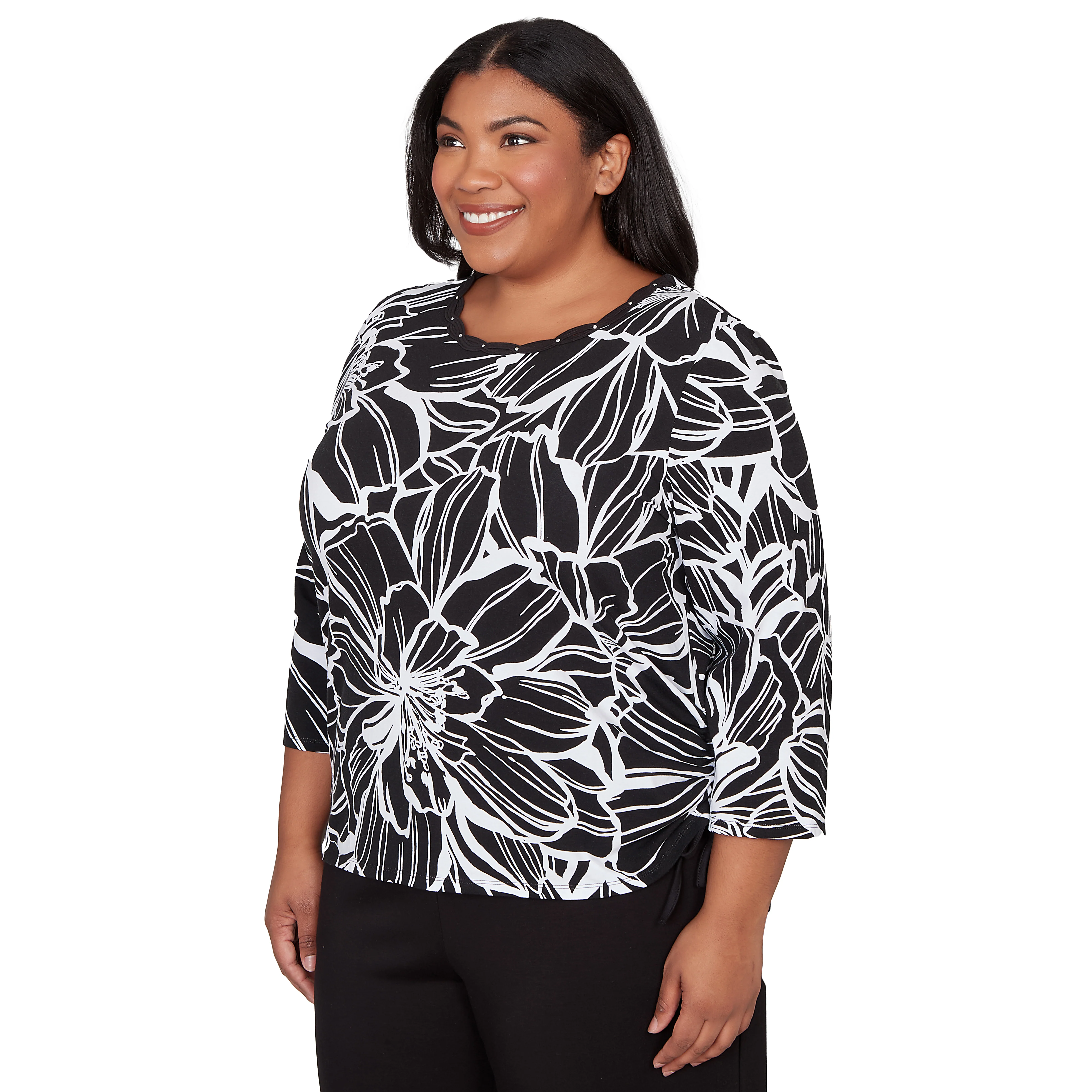 Alfred Dunner Floral Linework Side Tie Ruched Top - Plus - Image 3