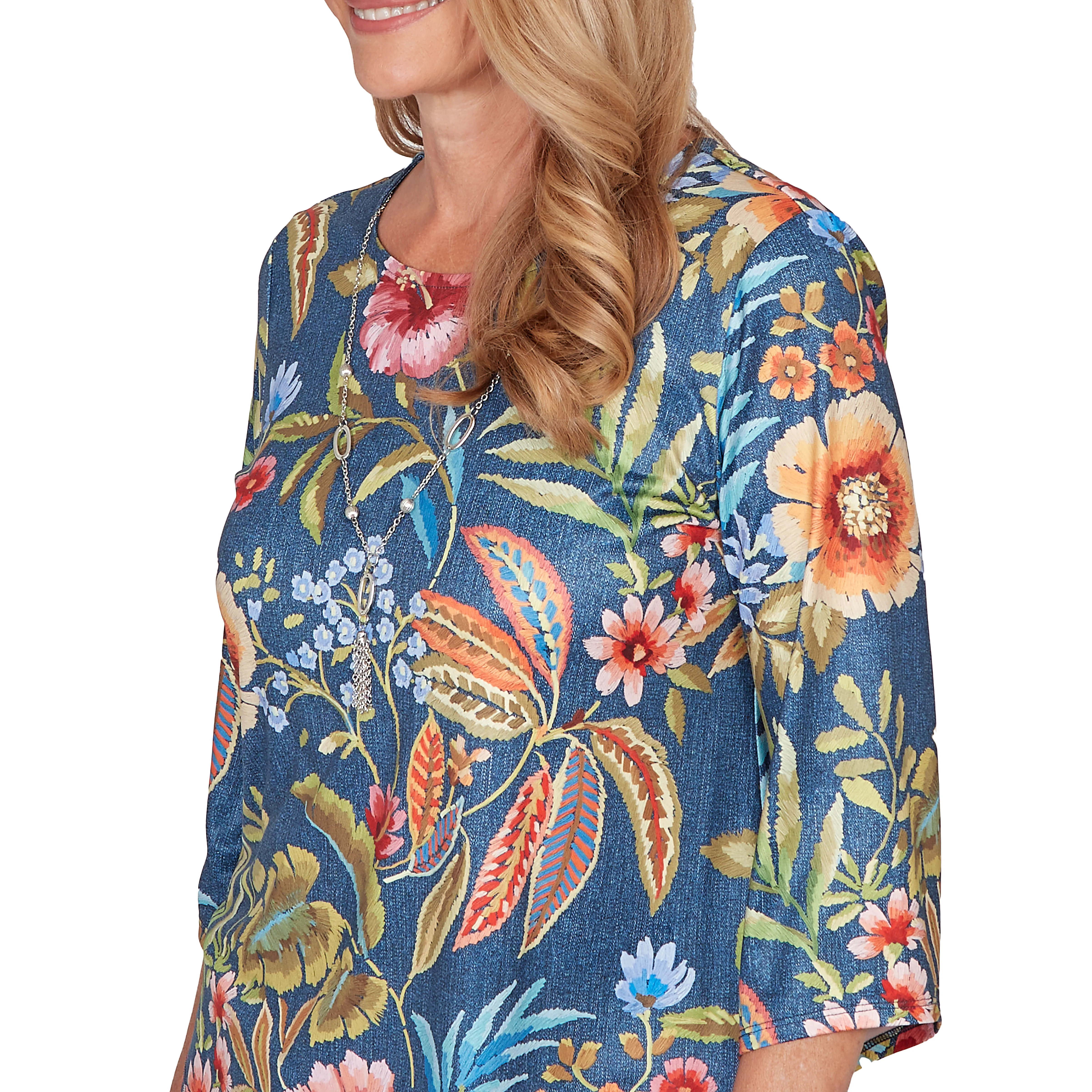 Alfred Dunner Floral Print Pointed Hem Top with Necklace - Image 5