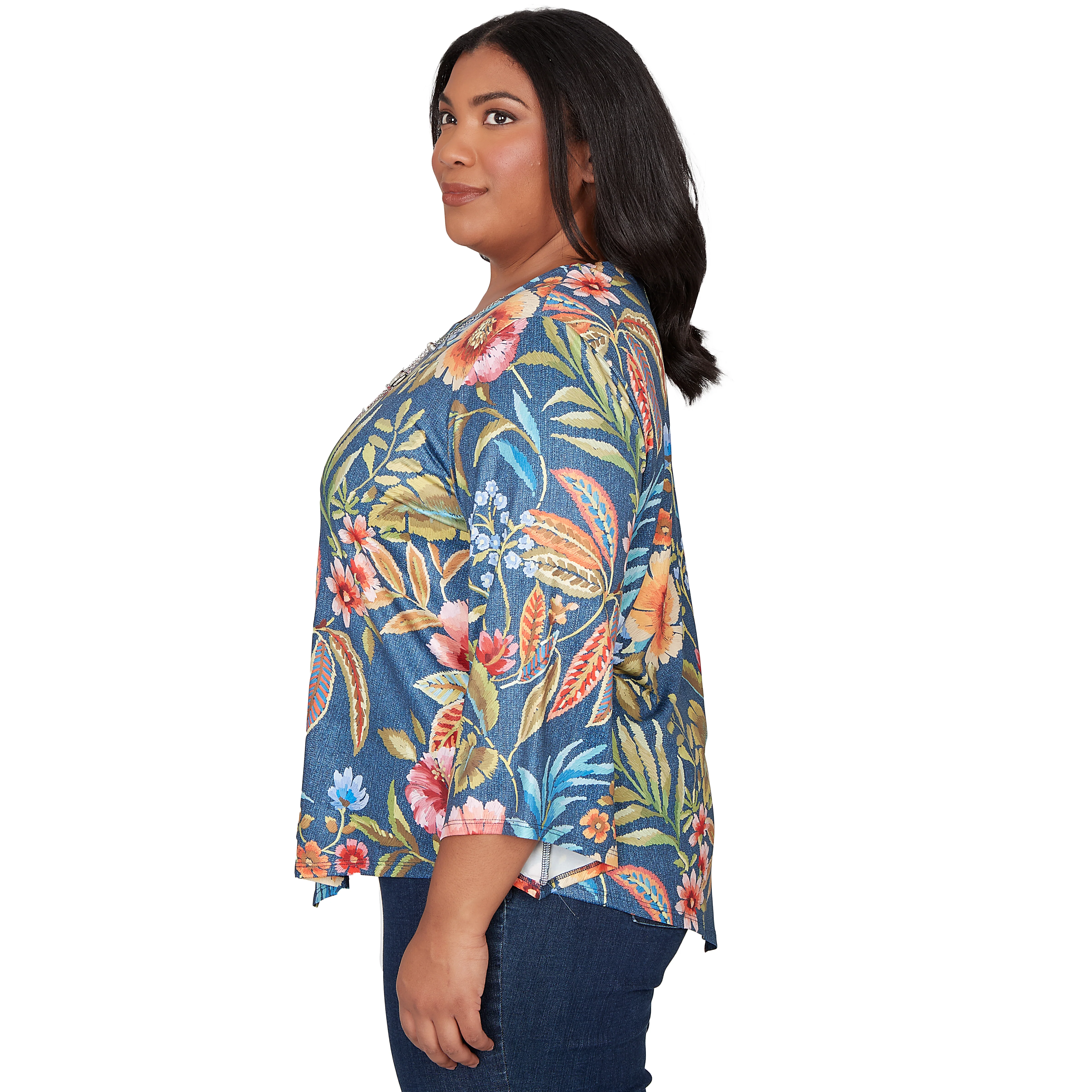 Alfred Dunner Floral Print Pointed Hem Top with Necklace - Plus - Image 4