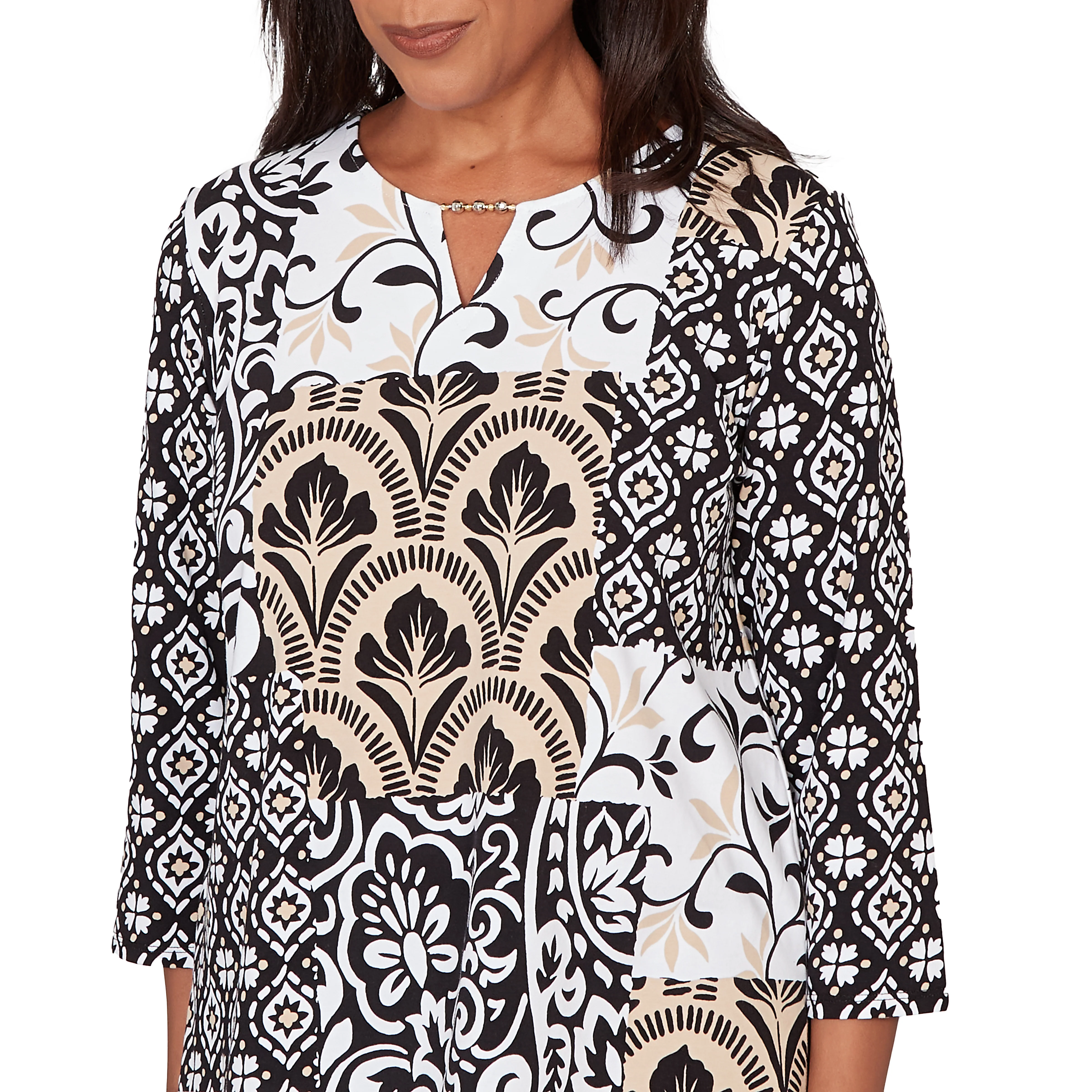 Alfred Dunner Geometric Scroll Patchwork Split Neck Top- Petite - Image 5