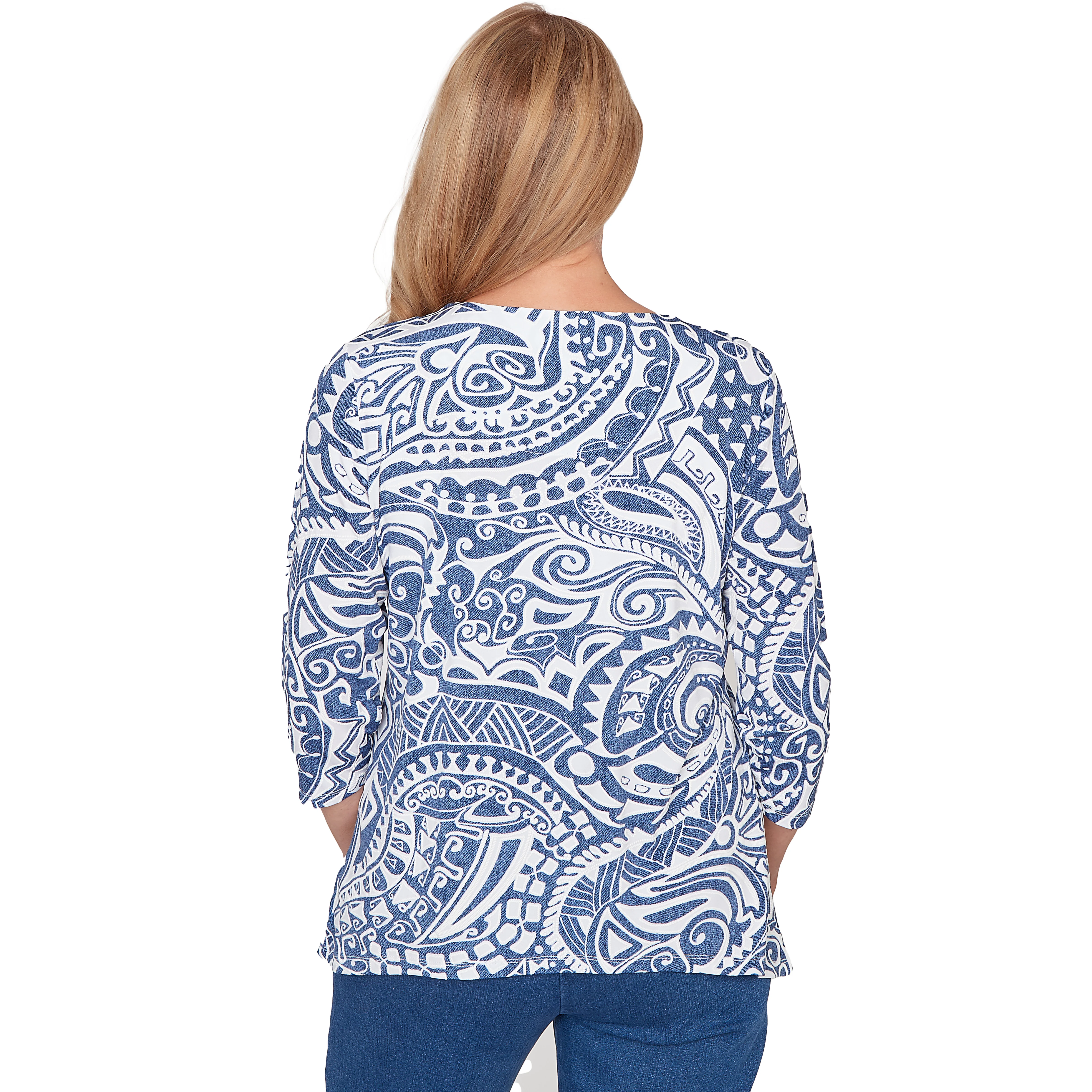 Alfred Dunner Paisley Swirl Sharkbite Hem Top with Necklace - Image 2
