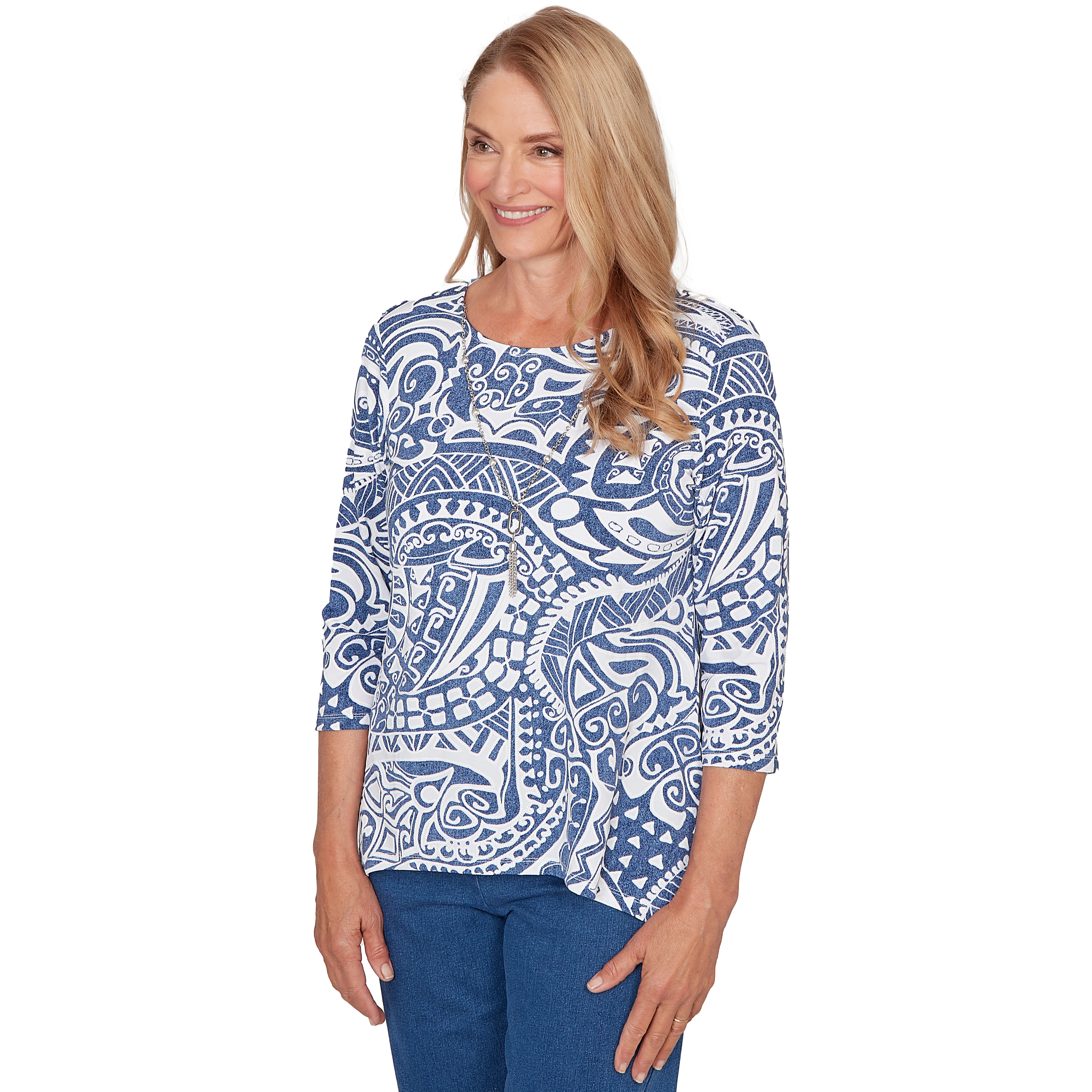 Alfred Dunner Paisley Swirl Sharkbite Hem Top with Necklace - Image 3