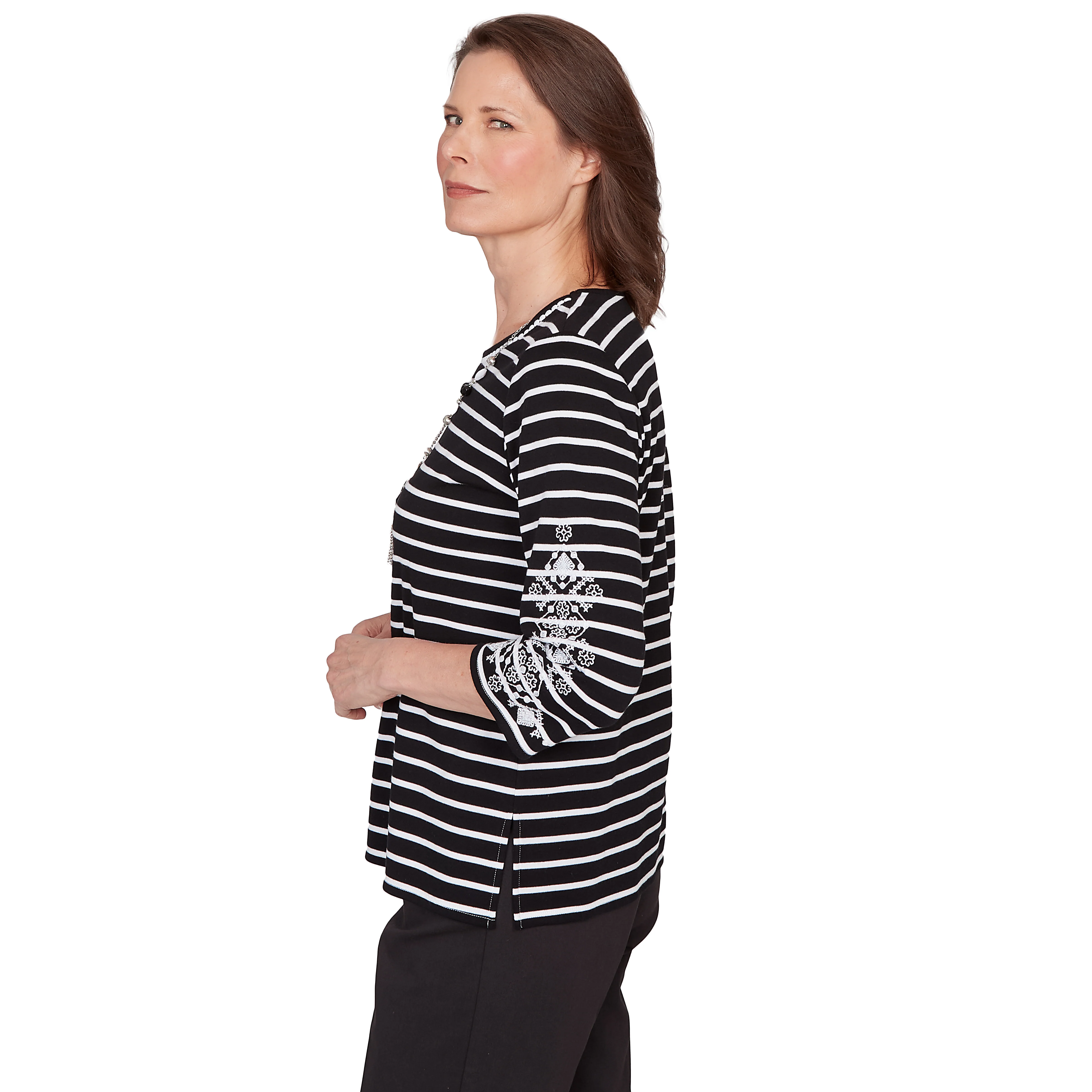 Alfred Dunner Pinstripe Embroidered Sleeve Top with Necklace- Petite - Image 4