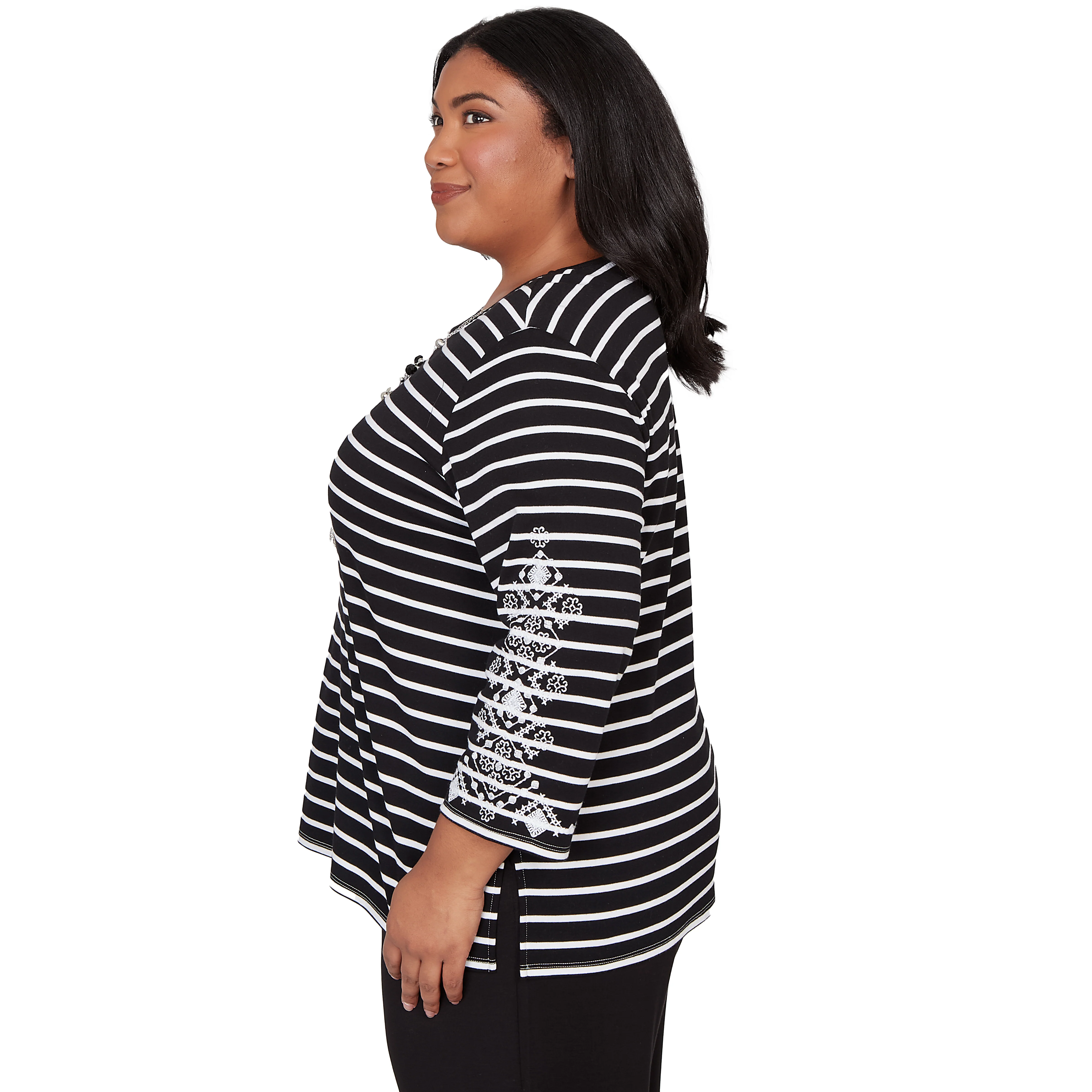 Alfred Dunner Pinstripe Embroidered Sleeve Top with Necklace - Plus - Image 4