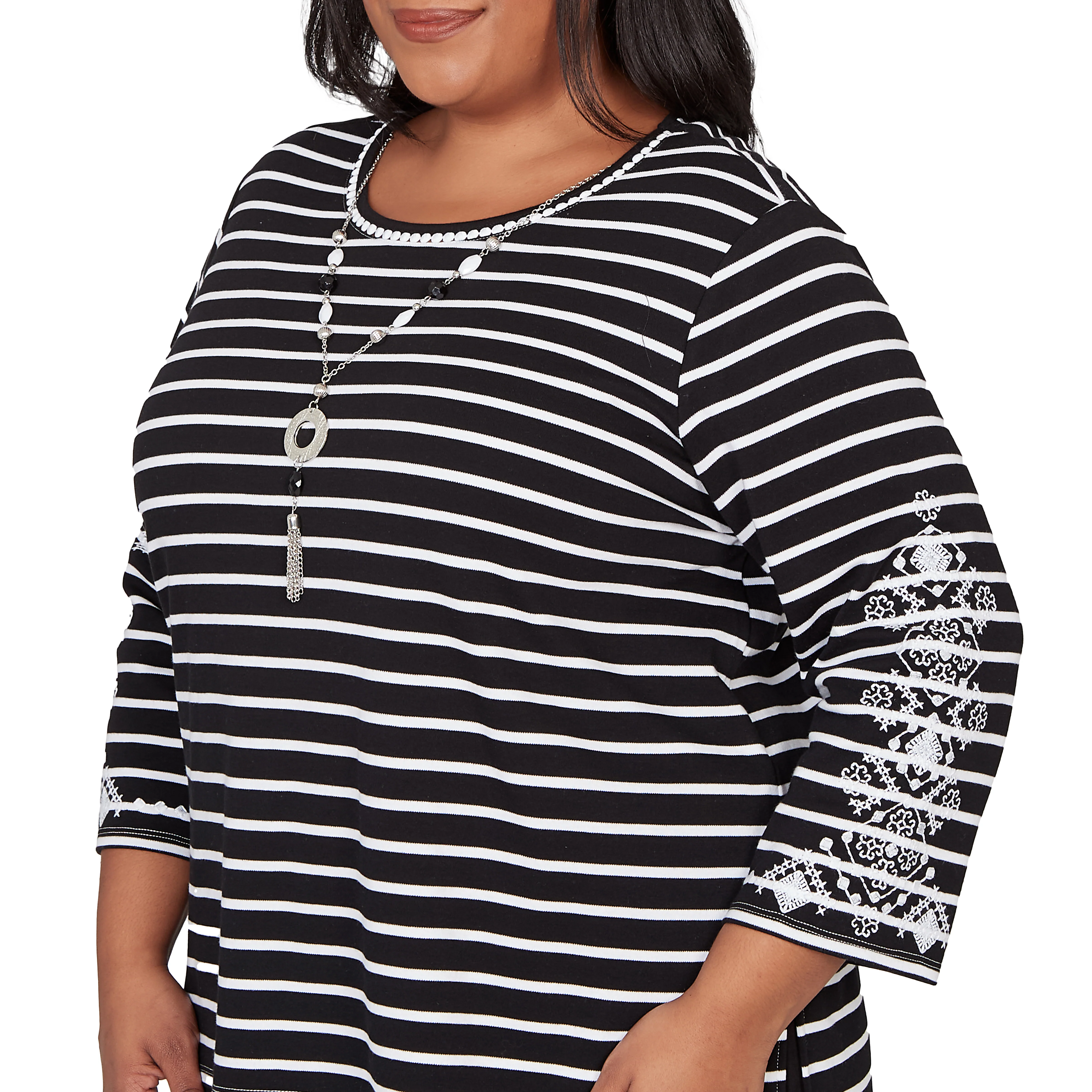Alfred Dunner Pinstripe Embroidered Sleeve Top with Necklace - Plus - Image 5