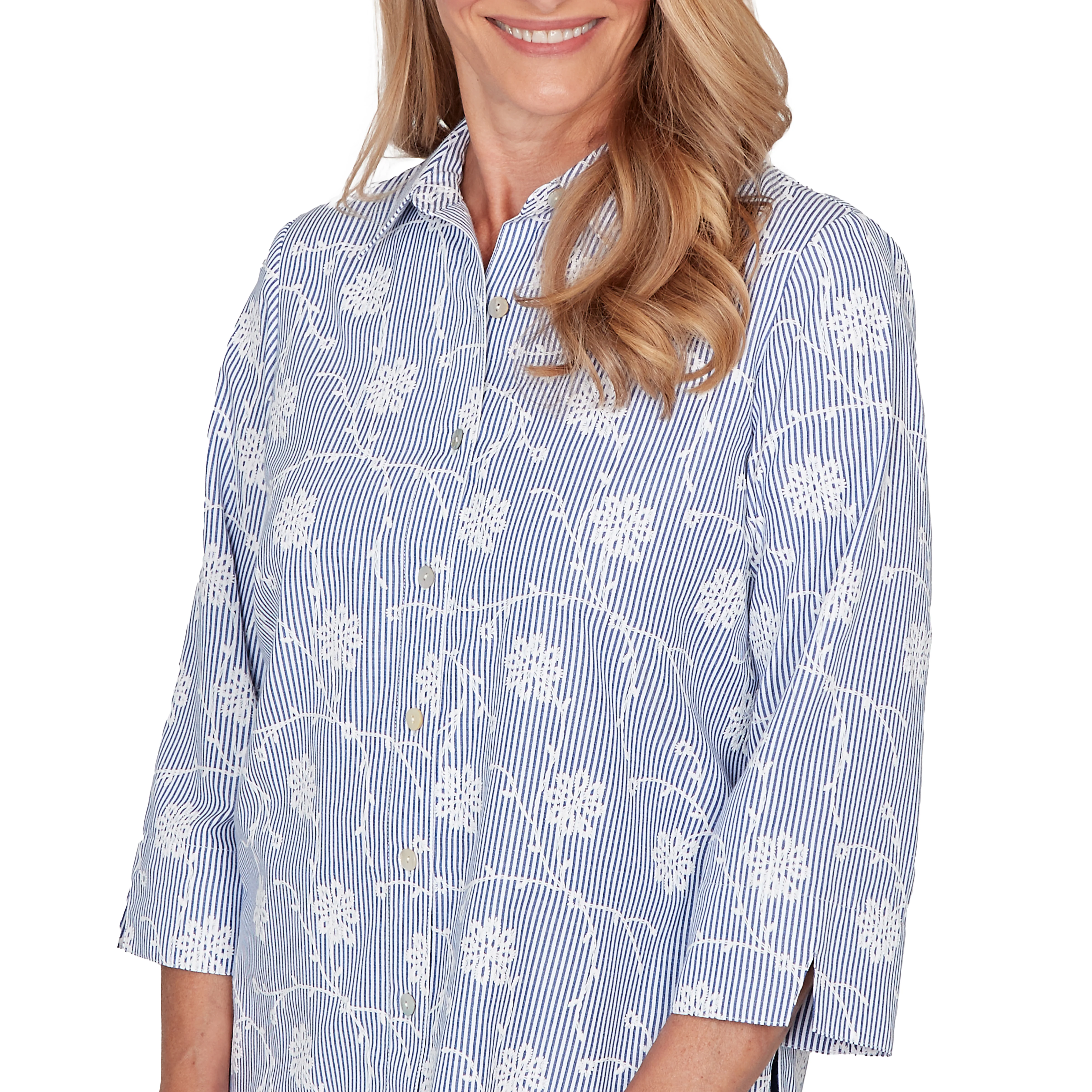 Alfred Dunner Puff Print Pinstripe Embroidered Button Down Top - Image 5