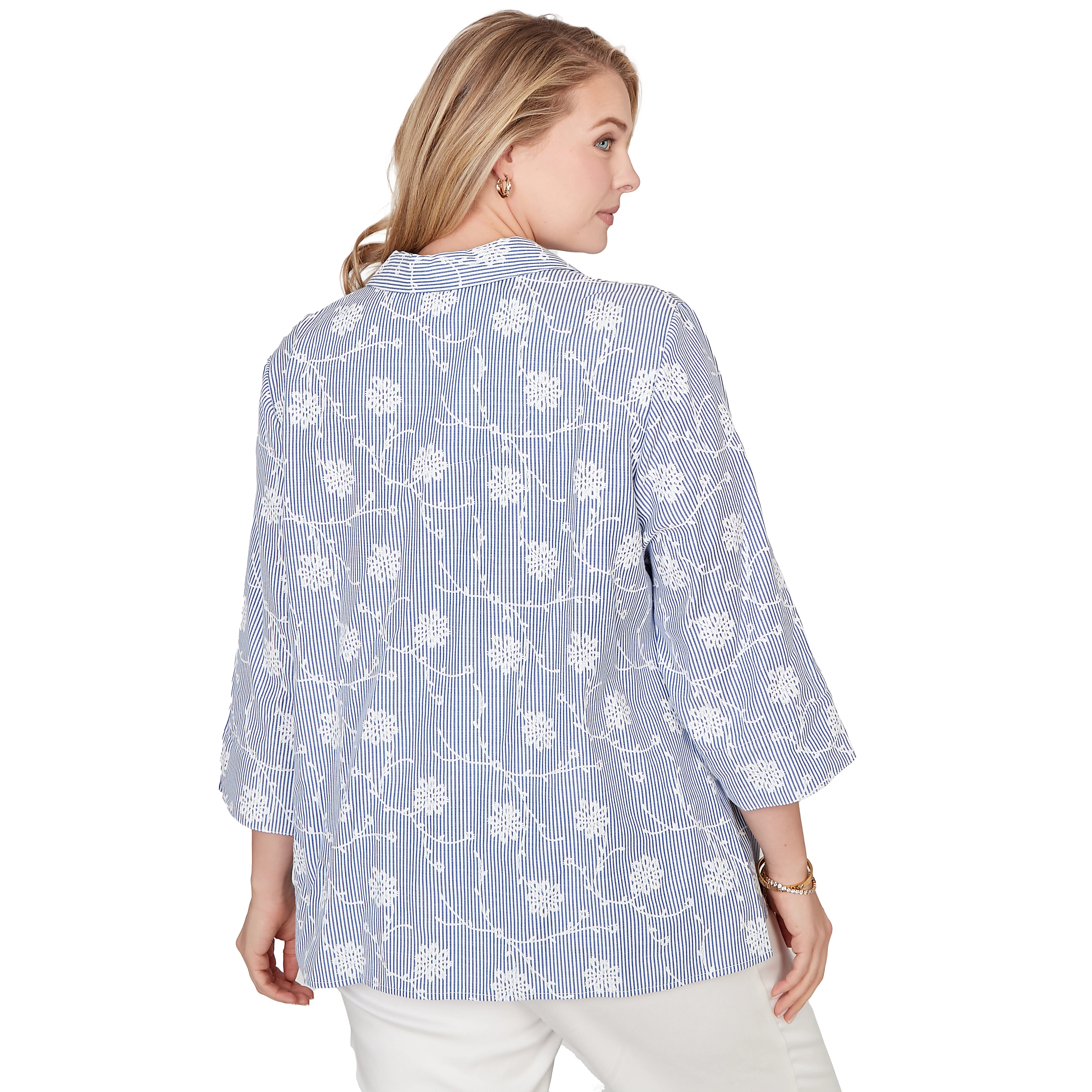 Alfred Dunner Puff Print Pinstripe Embroidered Button Down Top - Plus - Image 2