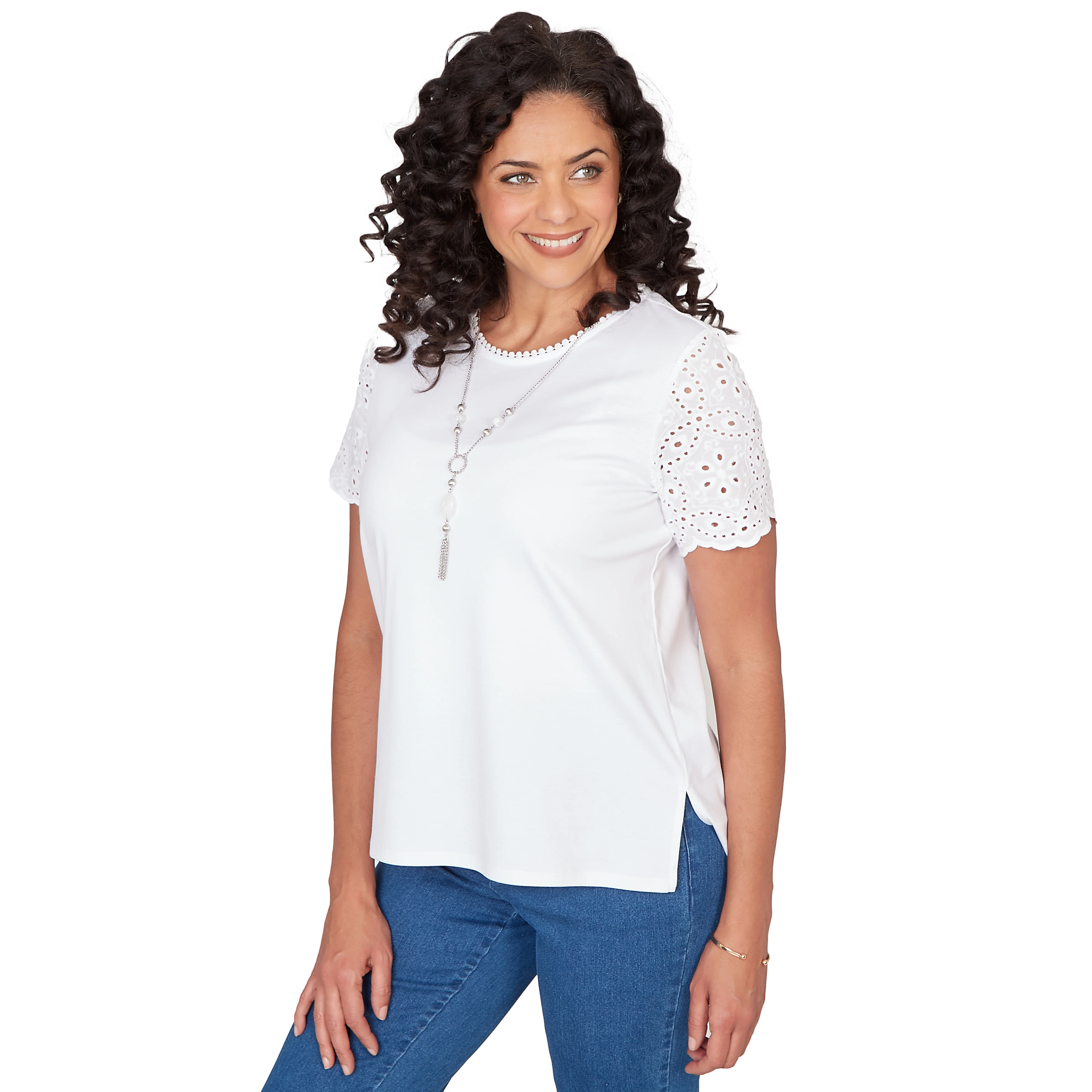 Alfred Dunner Solid Eyelet Sleeve Tee with Necklace - Image 3