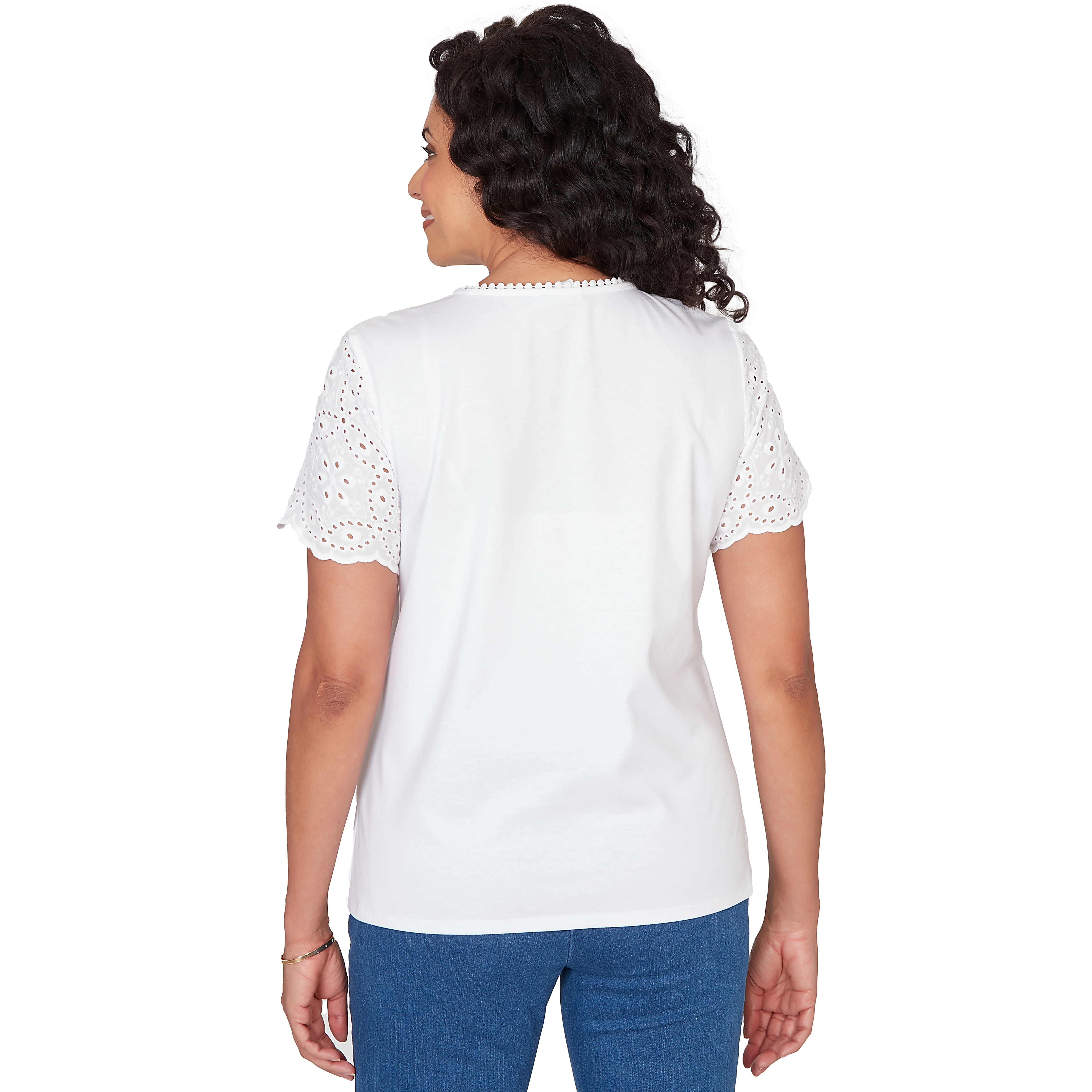 Alfred Dunner Solid Eyelet Sleeve Tee with Necklace- Petite - Image 2