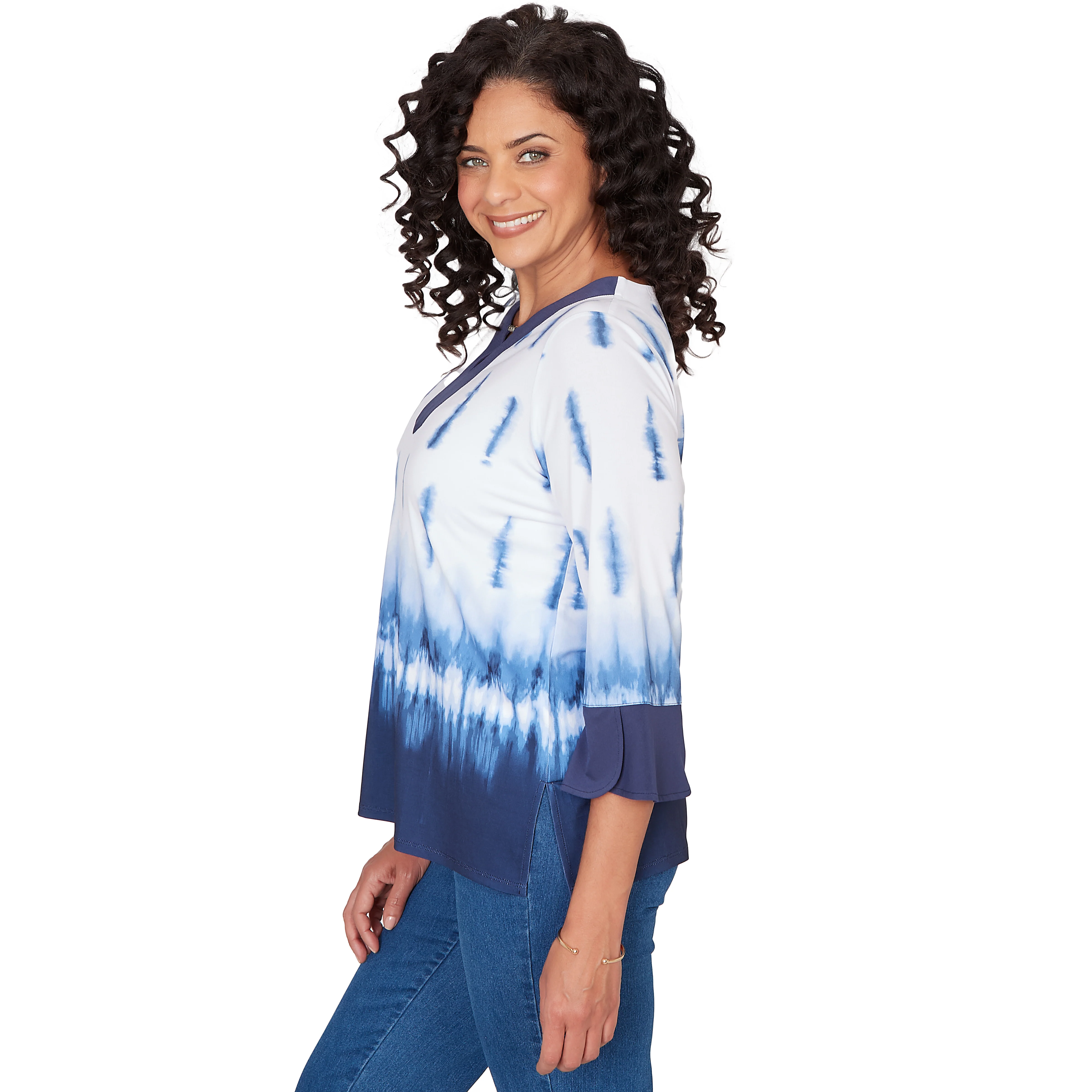 Alfred Dunner Tie Dye Border Split Neck Top- Petite - Image 4