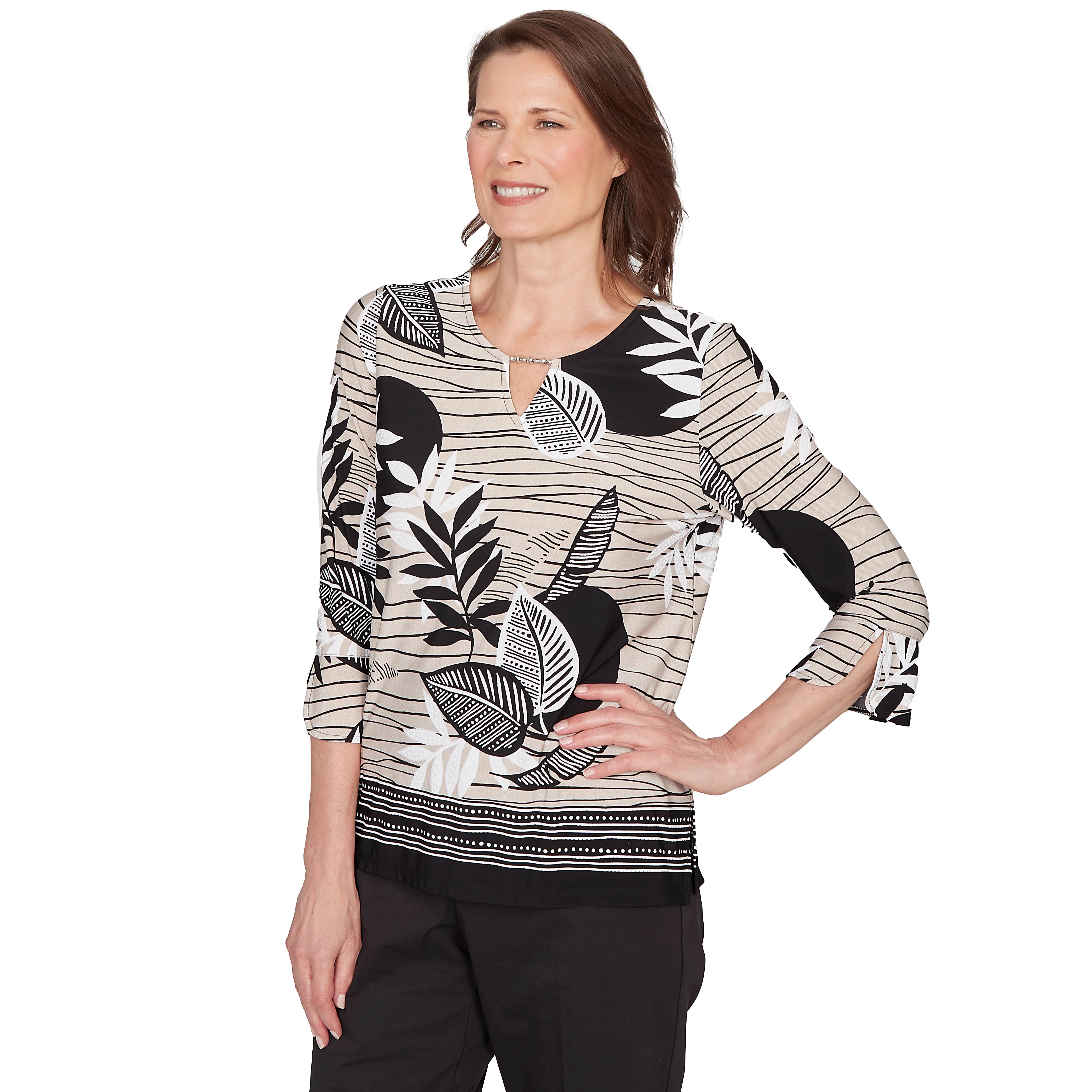 Alfred Dunner Tropical Leaf Border Print Split Neck Top - Image 3