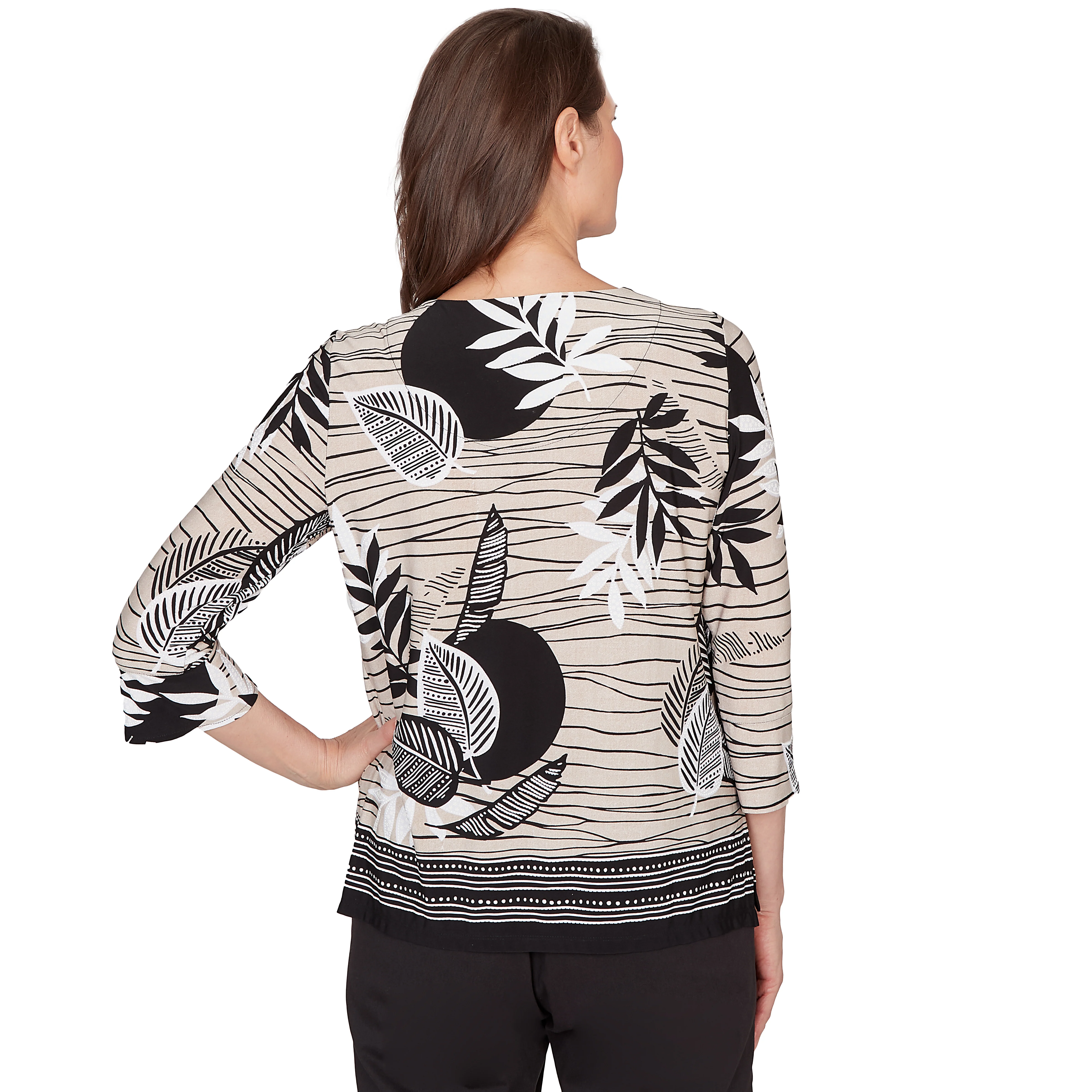Alfred Dunner Tropical Leaf Border Print Split Neck Top- Petite - Image 2