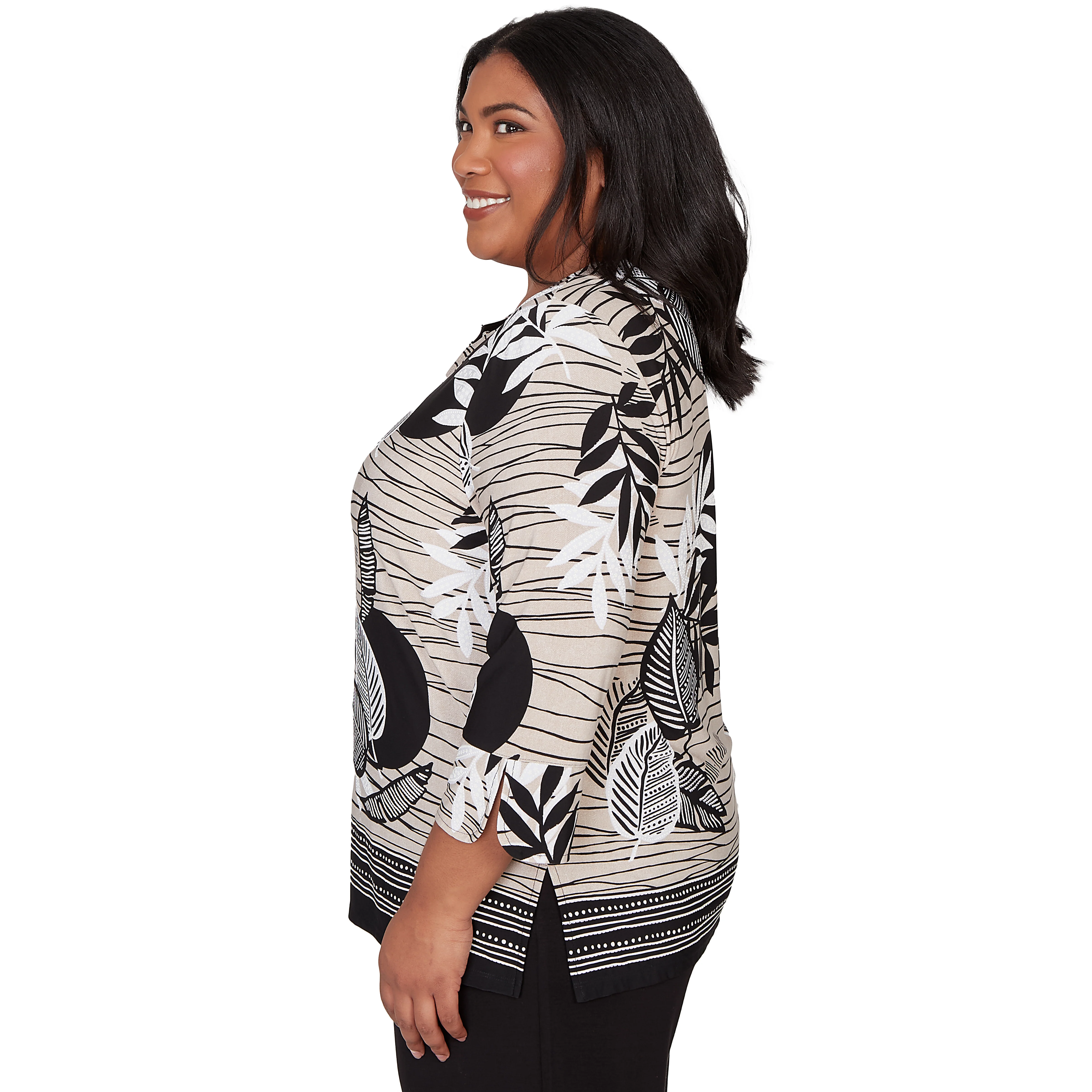 Alfred Dunner Tropical Leaf Border Print Split Neck Top - Plus - Image 4