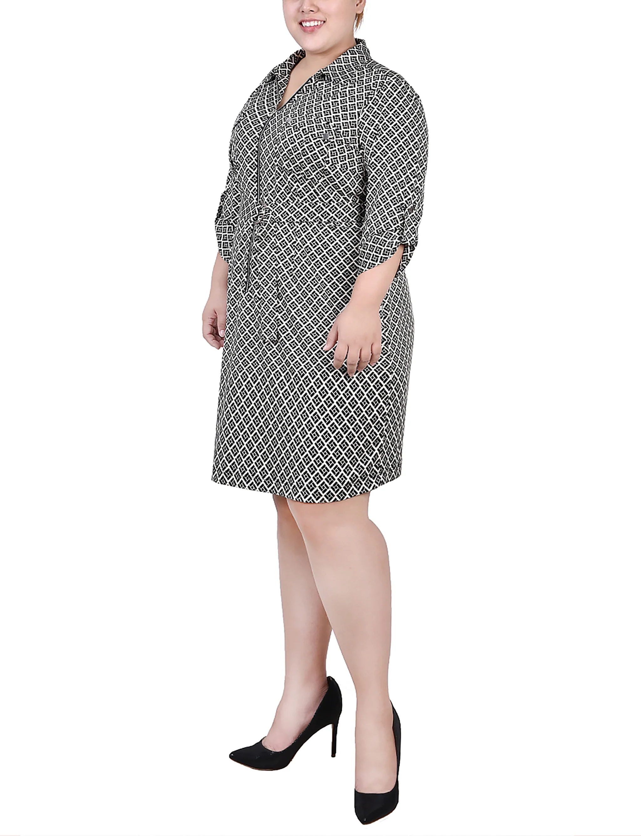 Beige Belted Roll Tab Zip Front Shirtdress - Plus Size - Image 2
