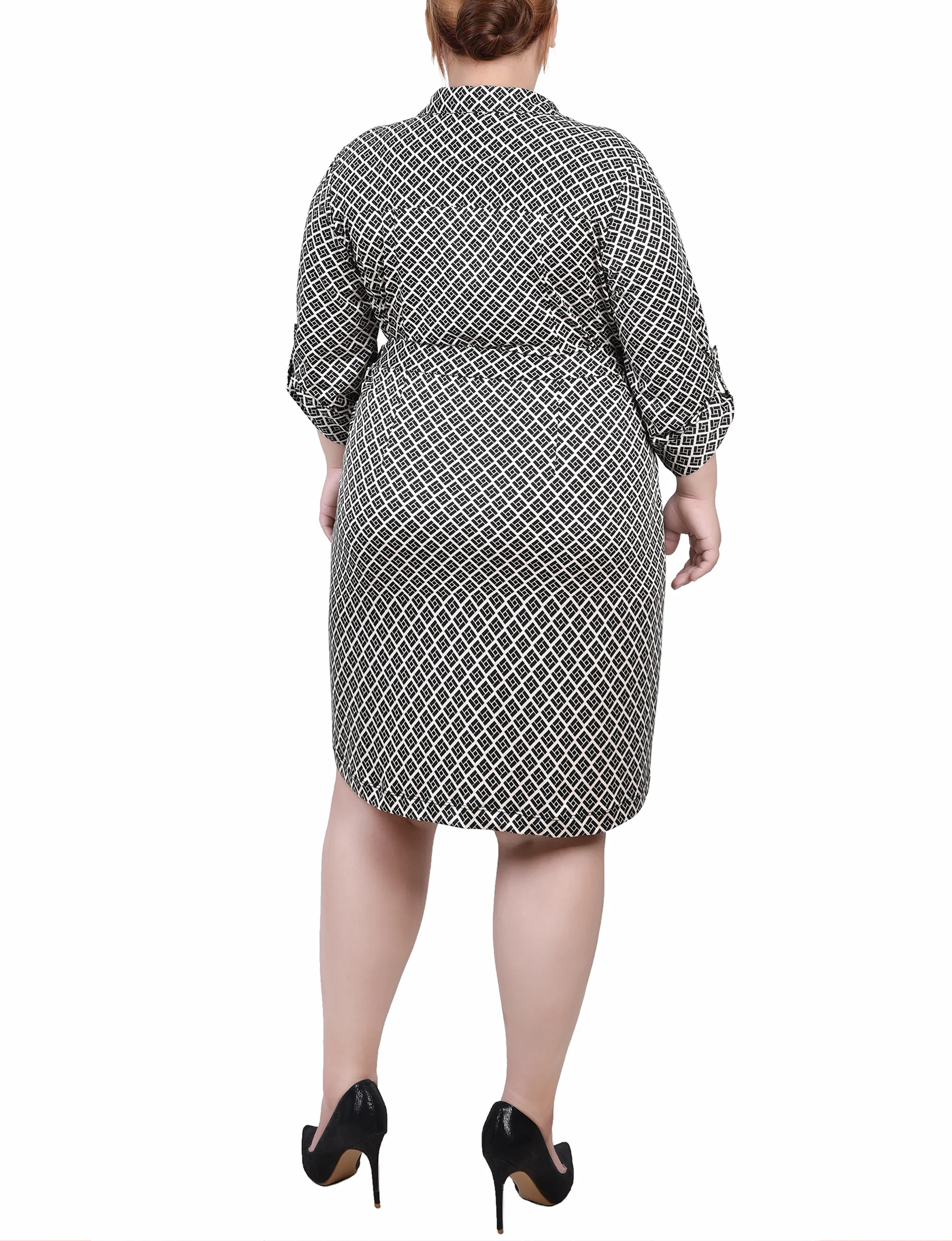 Beige Belted Roll Tab Zip Front Shirtdress - Plus Size - Image 3