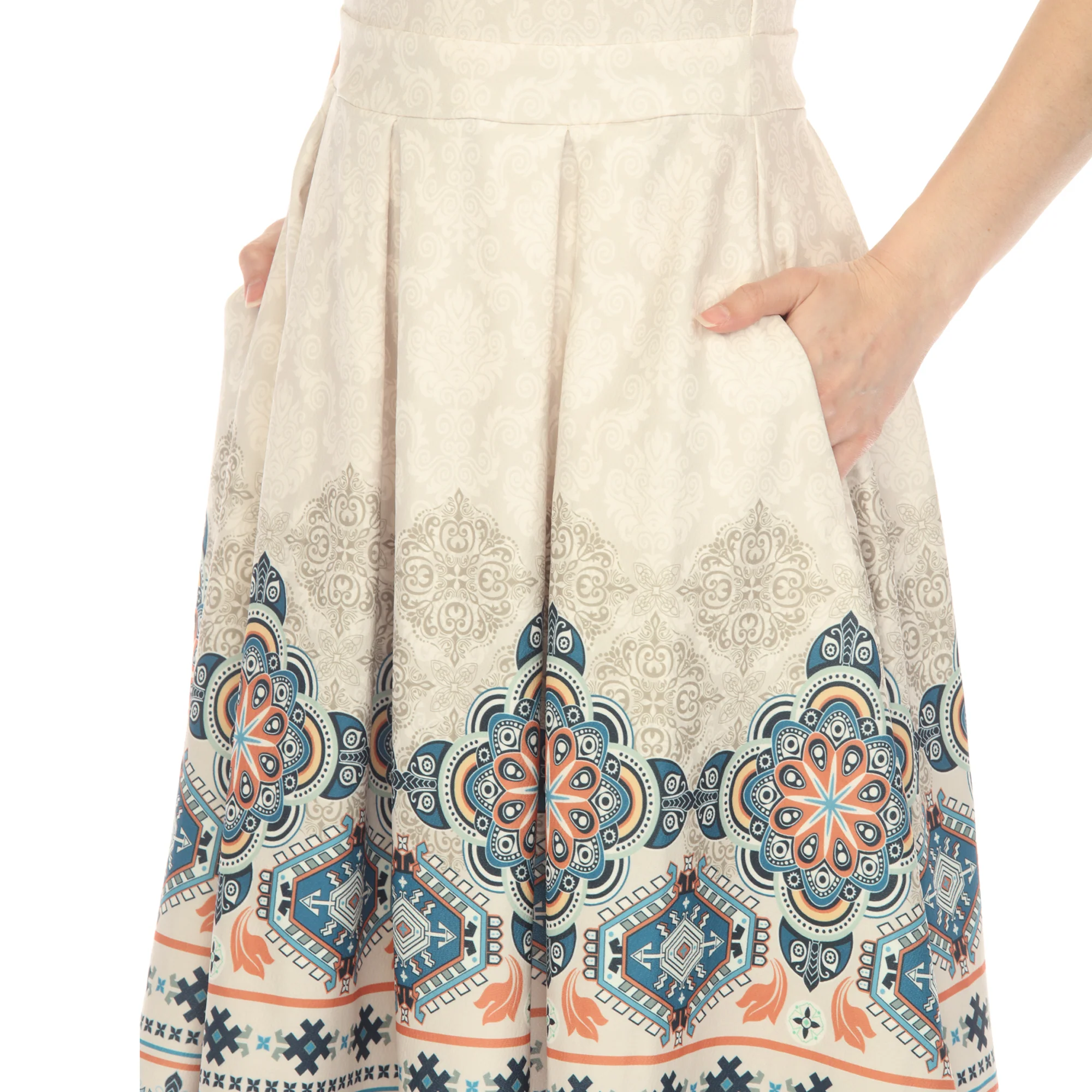 Beige Border Print Fit and Flare Knee Length Dress - Image 4