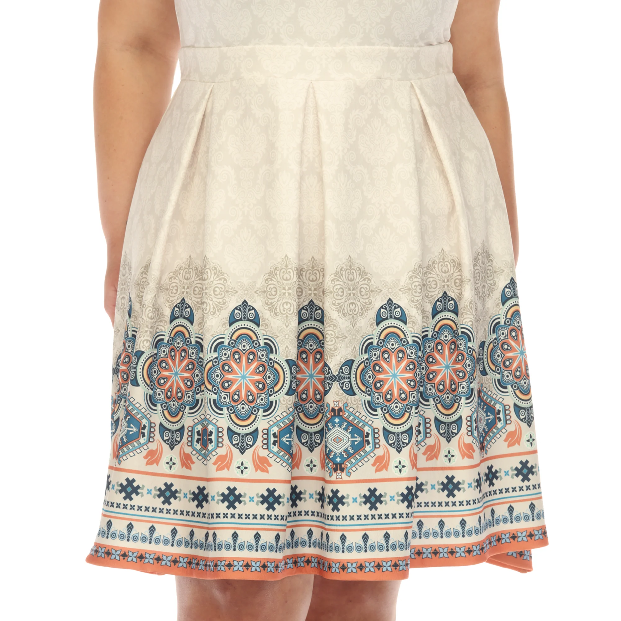 Beige Border Print Fit and Flare Knee Length Dress - Plus - Image 4
