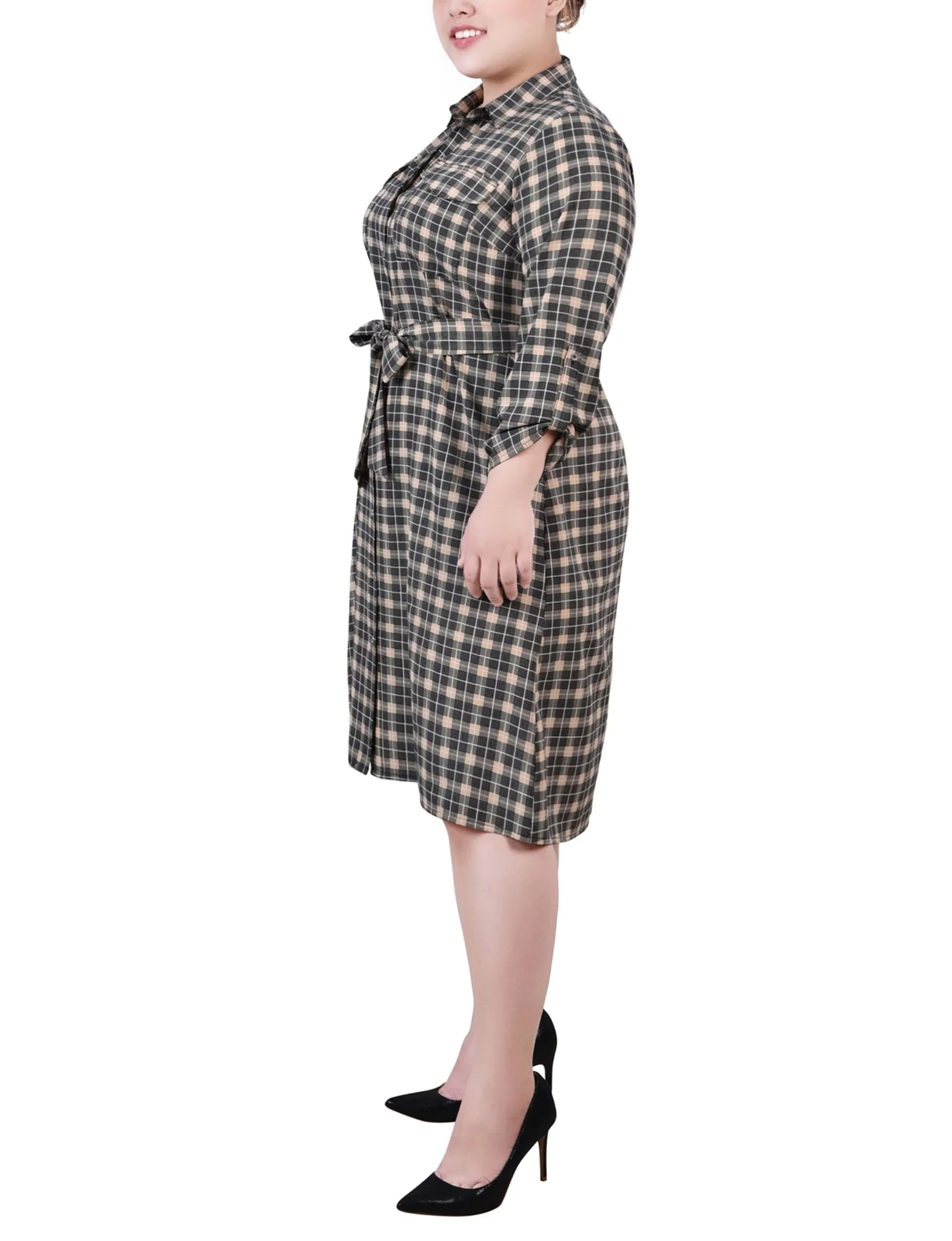 Beige Jet Benplaid 3/4 Roll Tab Sleeve Belted Shirtdress - Plus - Image 2