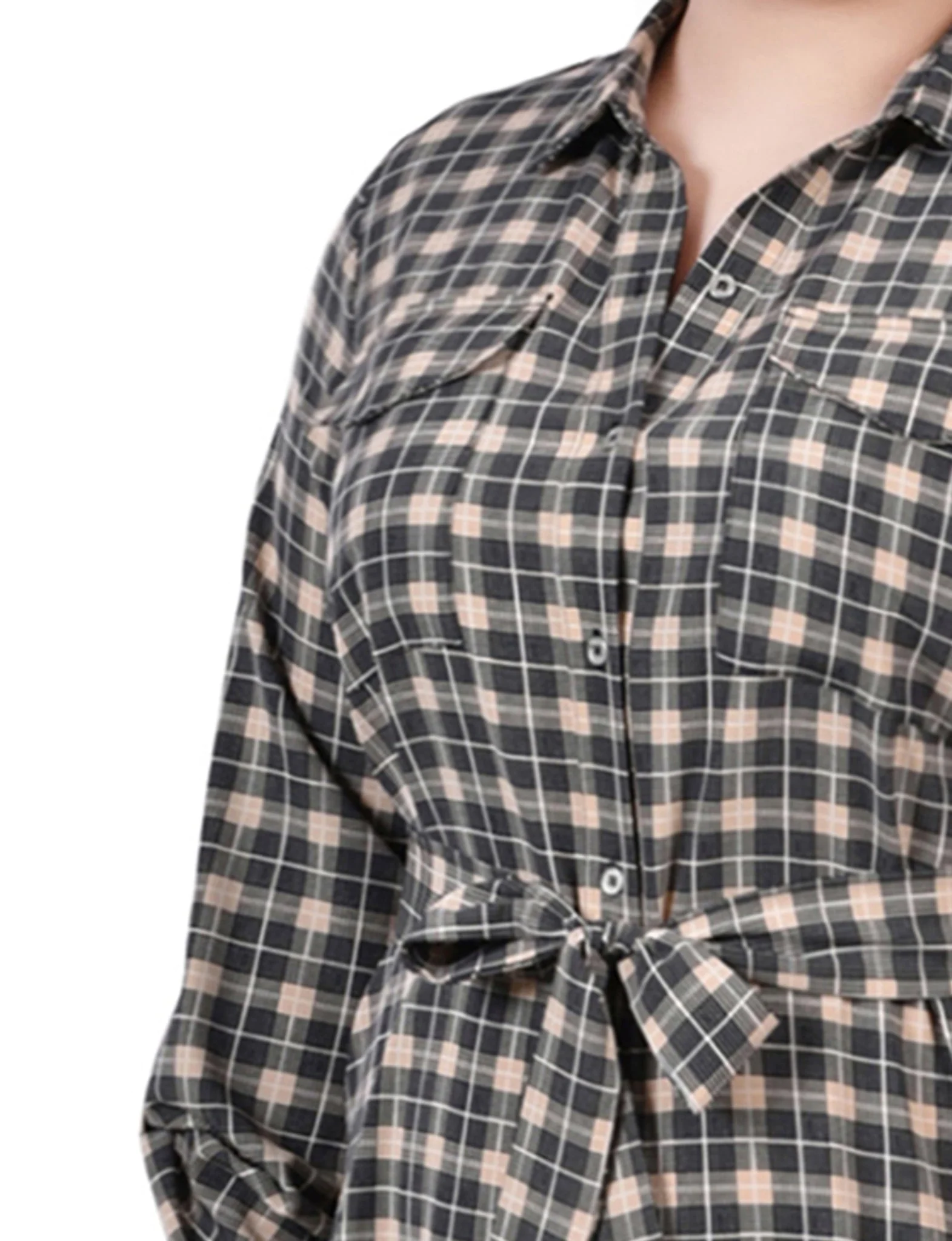 Beige Jet Benplaid 3/4 Roll Tab Sleeve Belted Shirtdress - Plus - Image 4