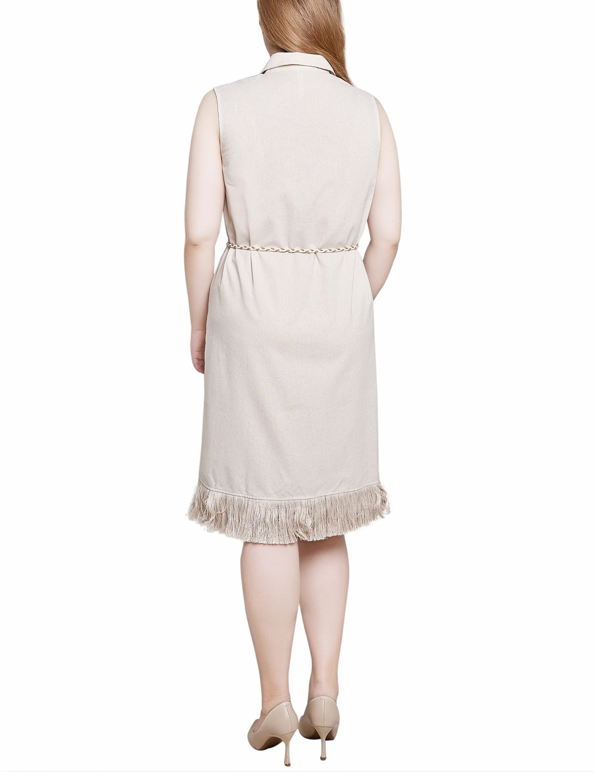 Beige Sleeveless Belted Fringed Dress - Petite - Image 3
