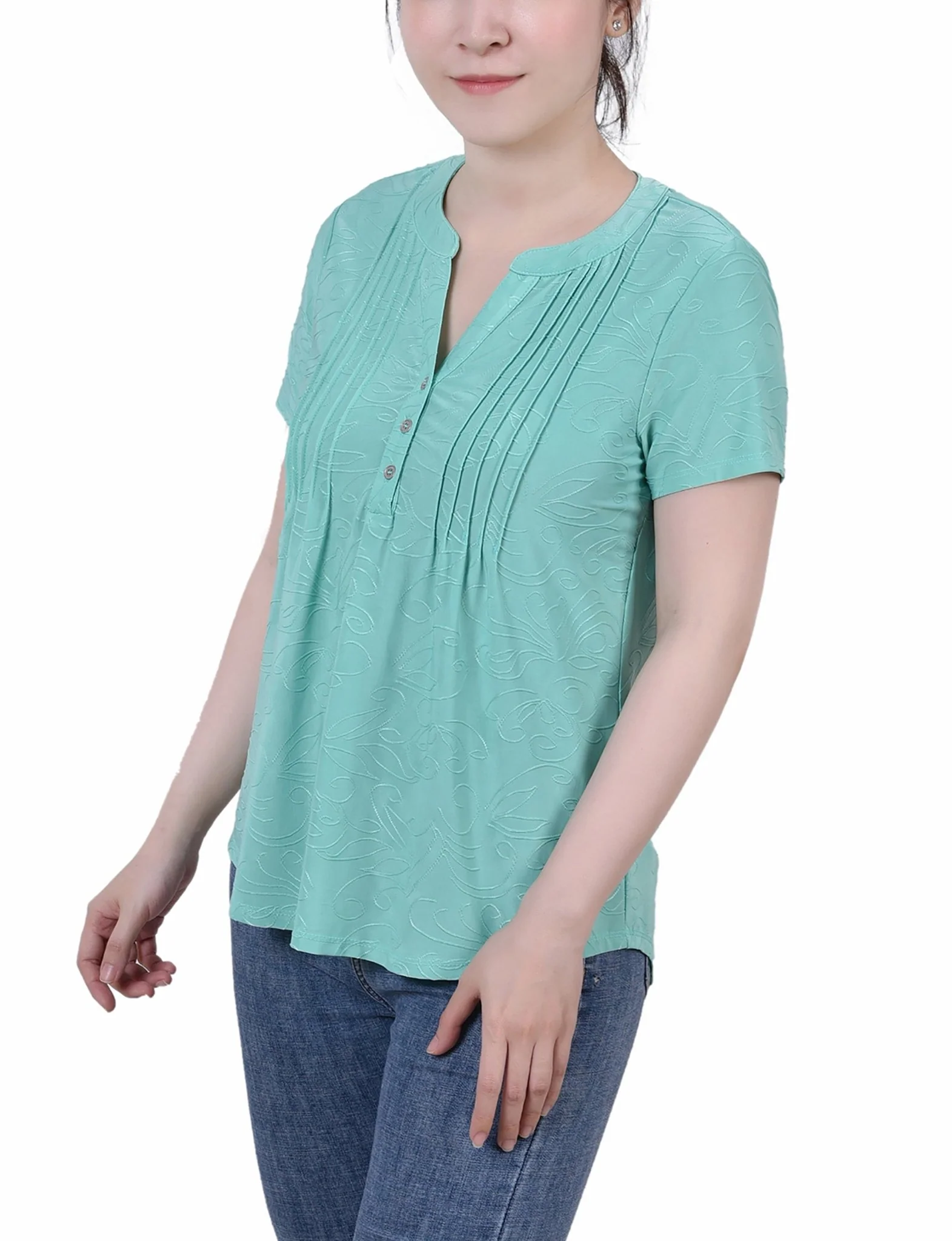 Bermuda Short Sleeve Y Neck Jacquard Knit Top - Petite - Image 2