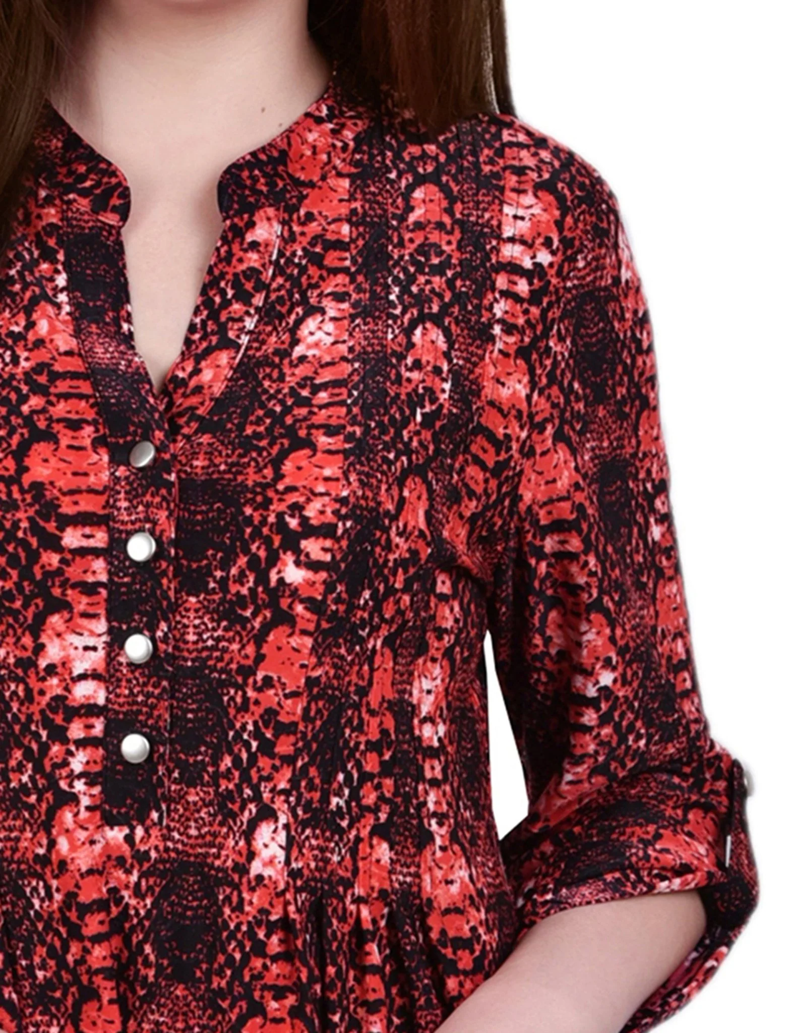 Berry Plaid 3/4 Sleeve Roll Tab Y Neck Top - Image 3