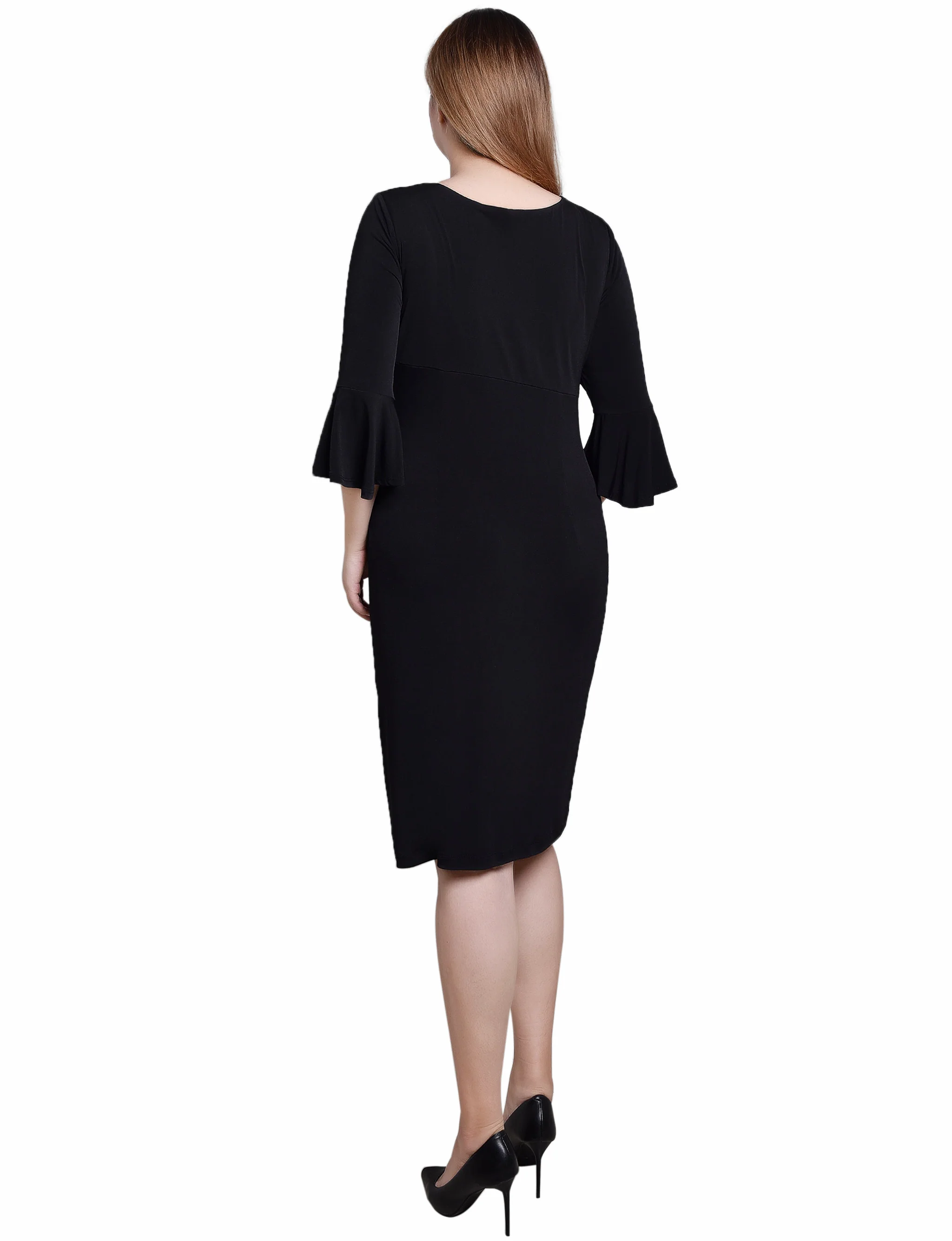 Black 3/4 Length Trumpet Sleeve Dress - Image 3
