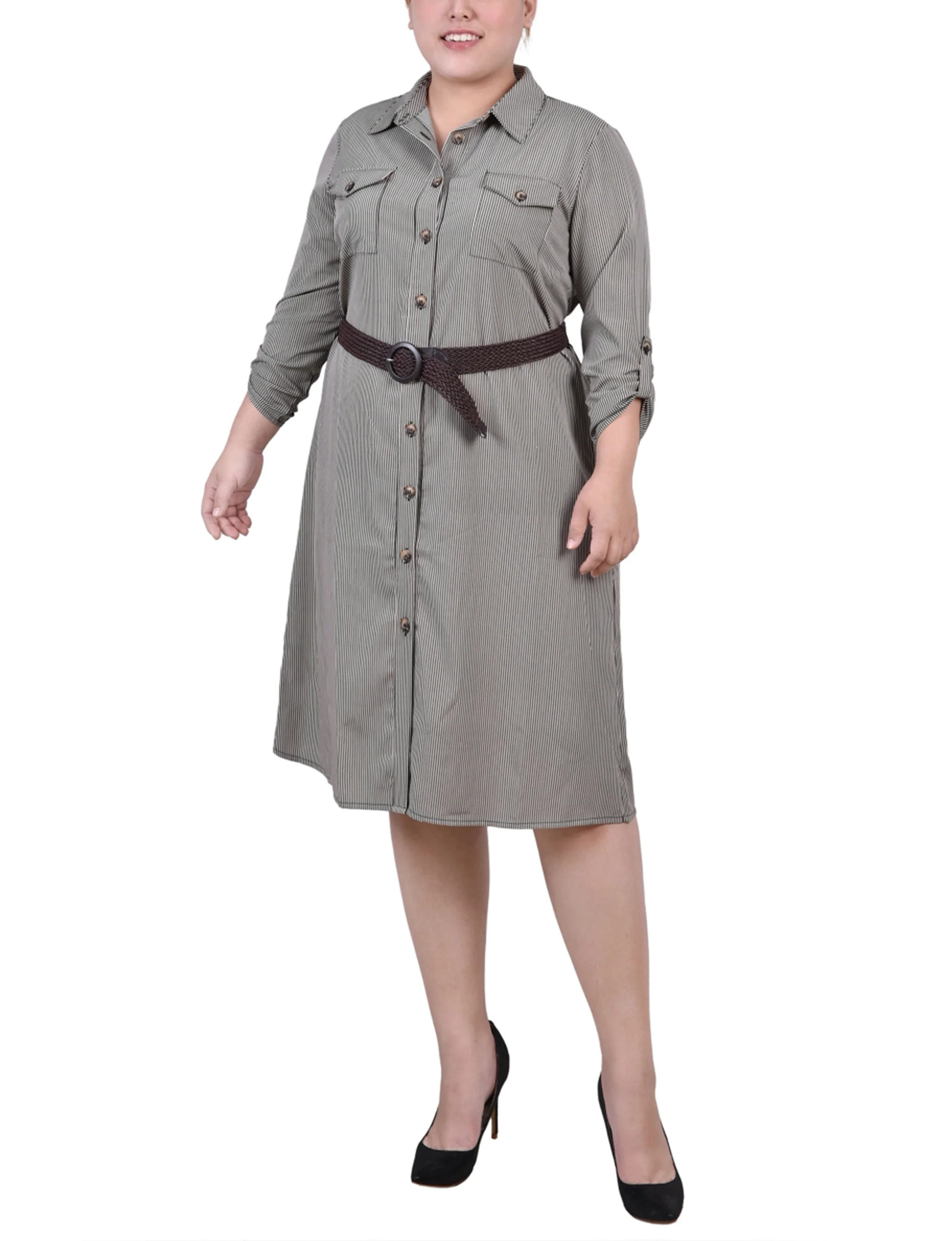 Black 3/4 Roll Tab Sleeve Shirtdress - Plus Size