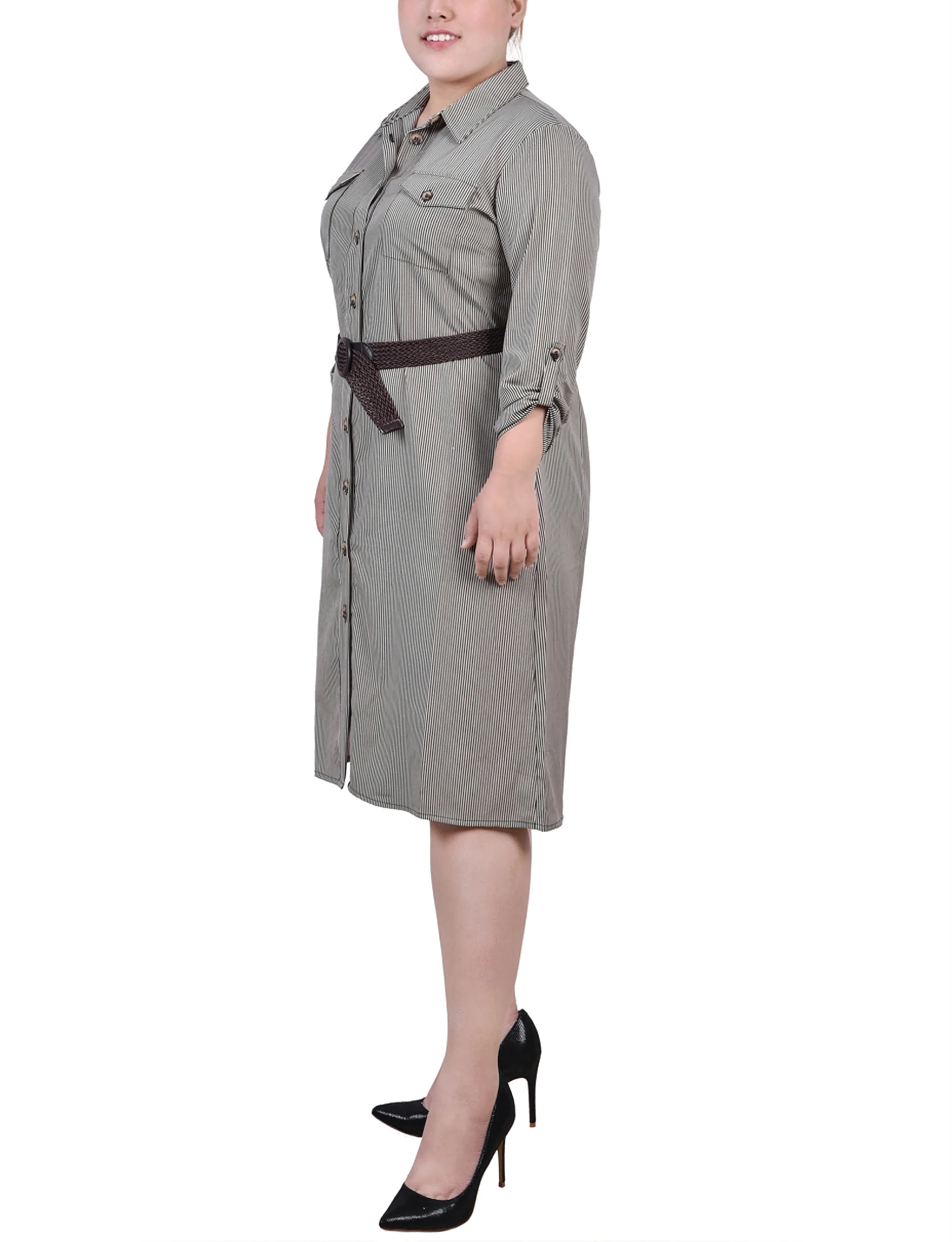 Black 3/4 Roll Tab Sleeve Shirtdress - Plus Size - Image 2