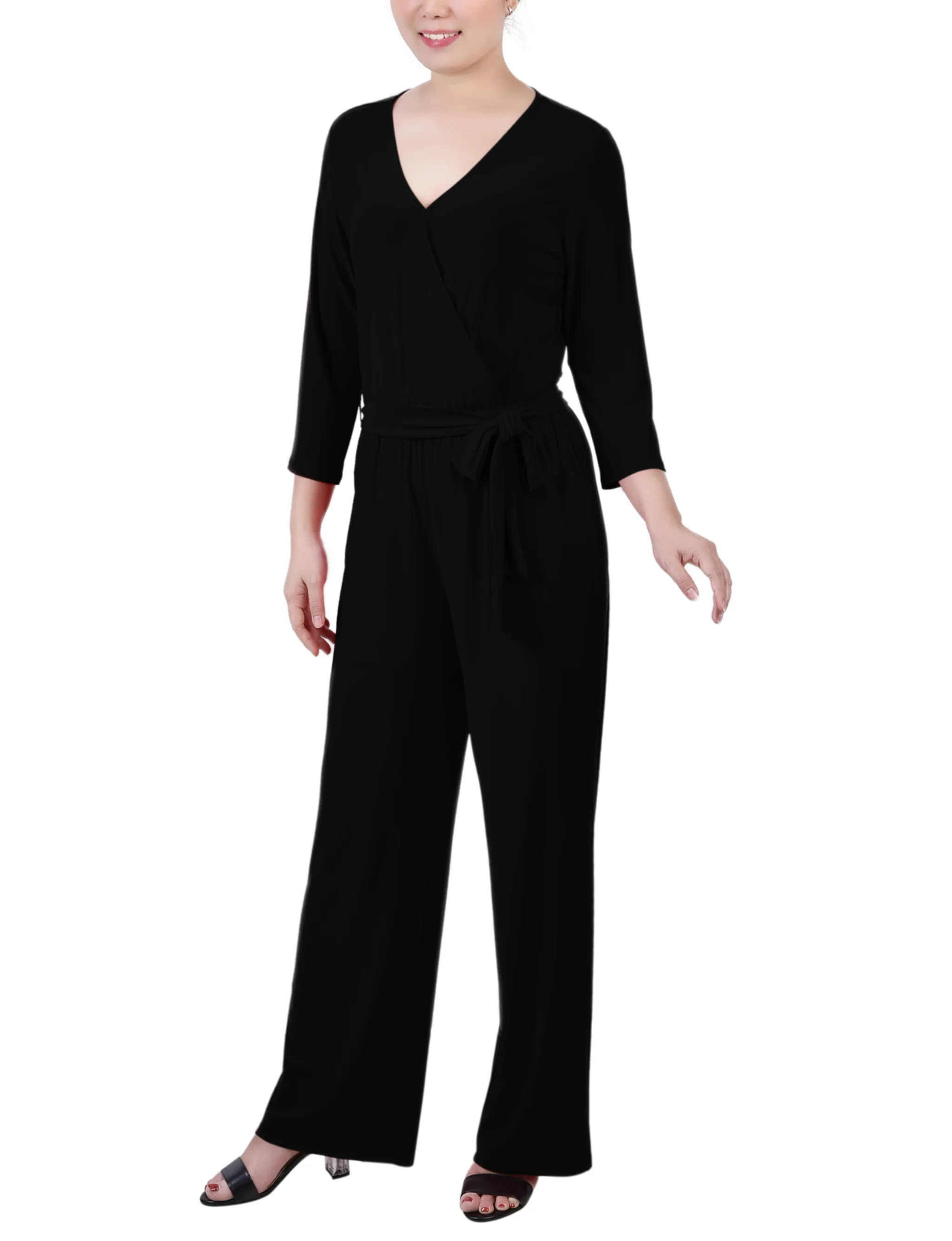 Black 3/4 Sleeve Belted Jumpsuit - Petite Short