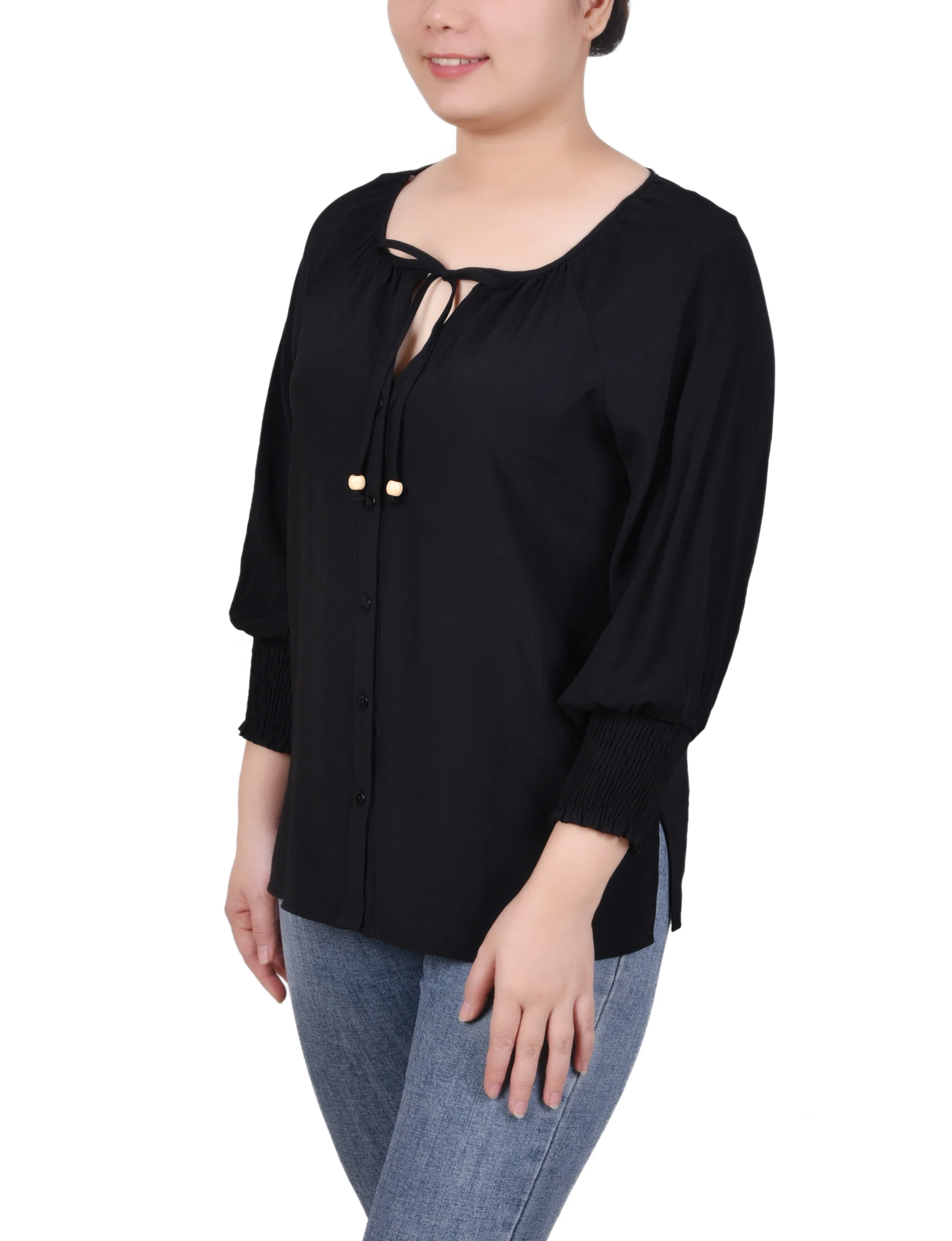 Black 3/4 Sleeve Button Front Blouse - Image 2