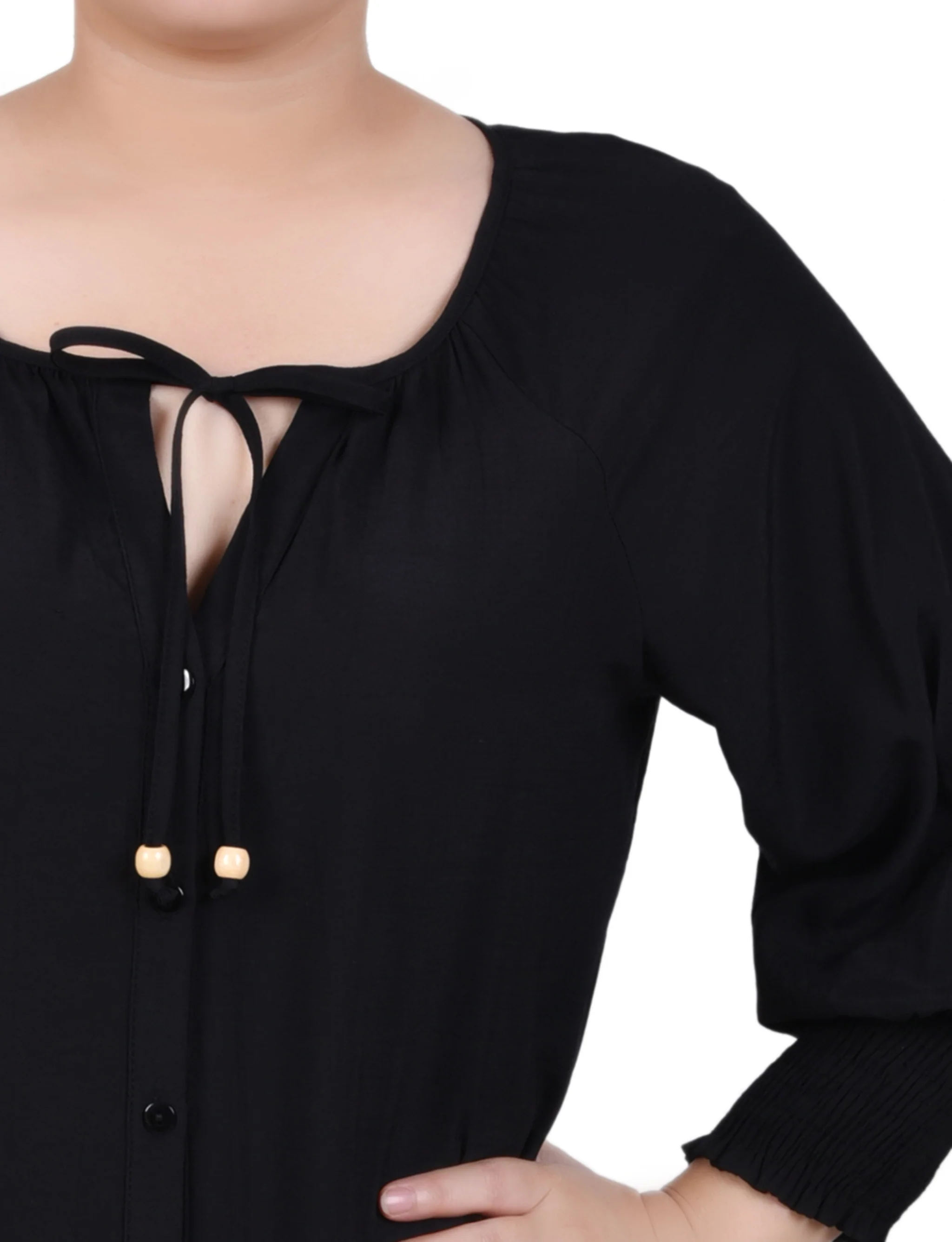 Black 3/4 Sleeve Button Front Blouse - Image 3