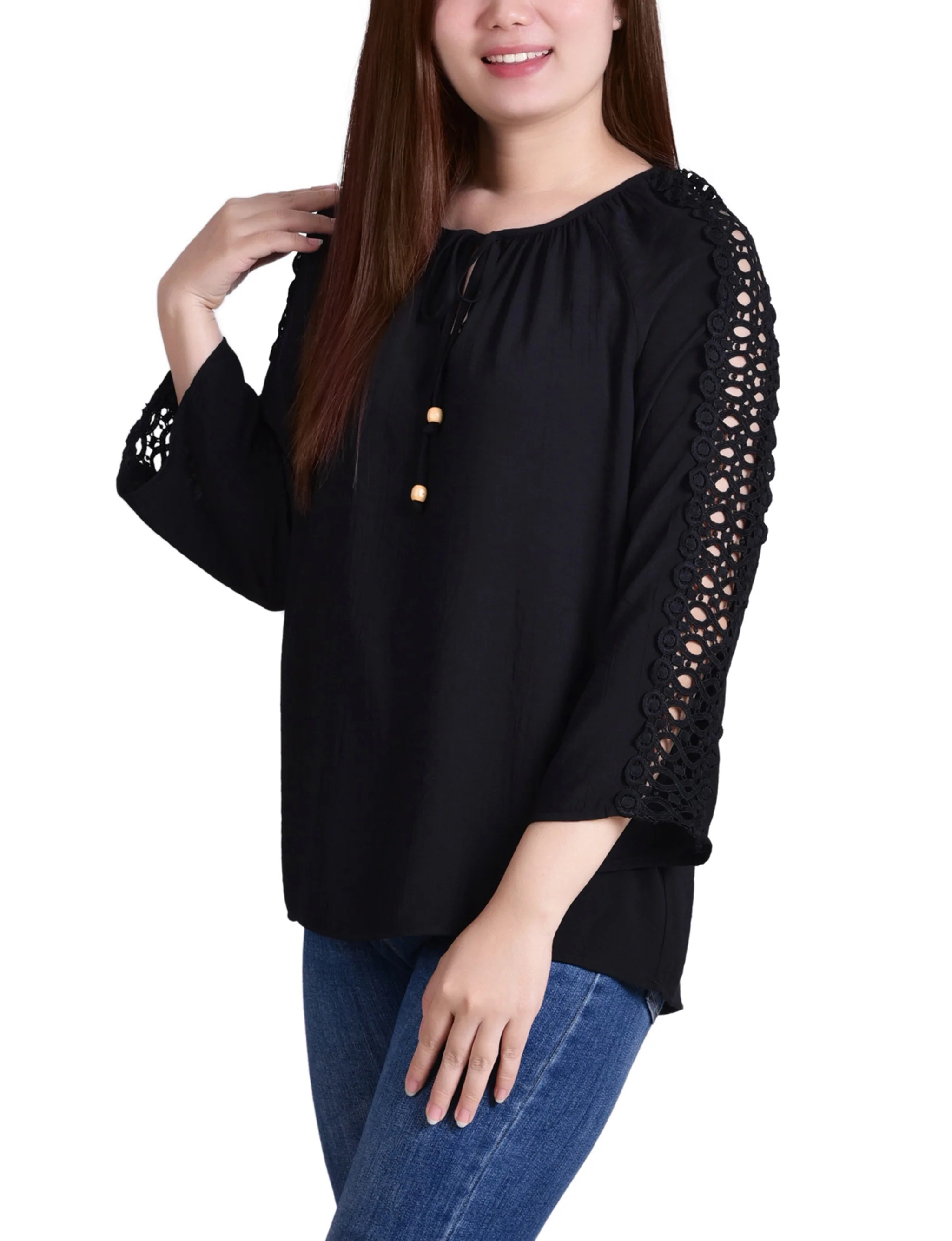 Black 3/4 Sleeve Peasant Blouse - Petite - Image 2