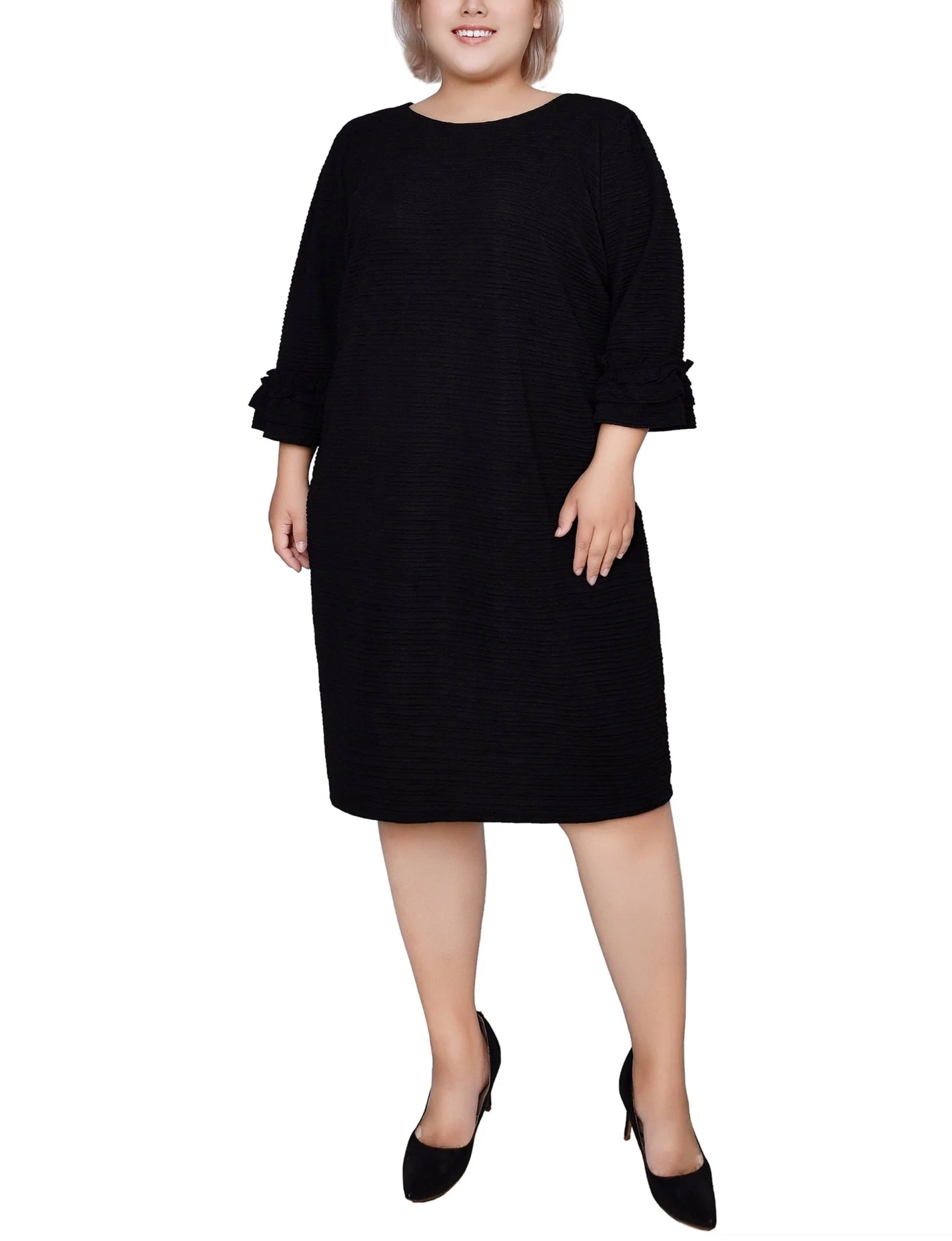 Black 3/4 Sleeve Textured Knit Dress - Plus