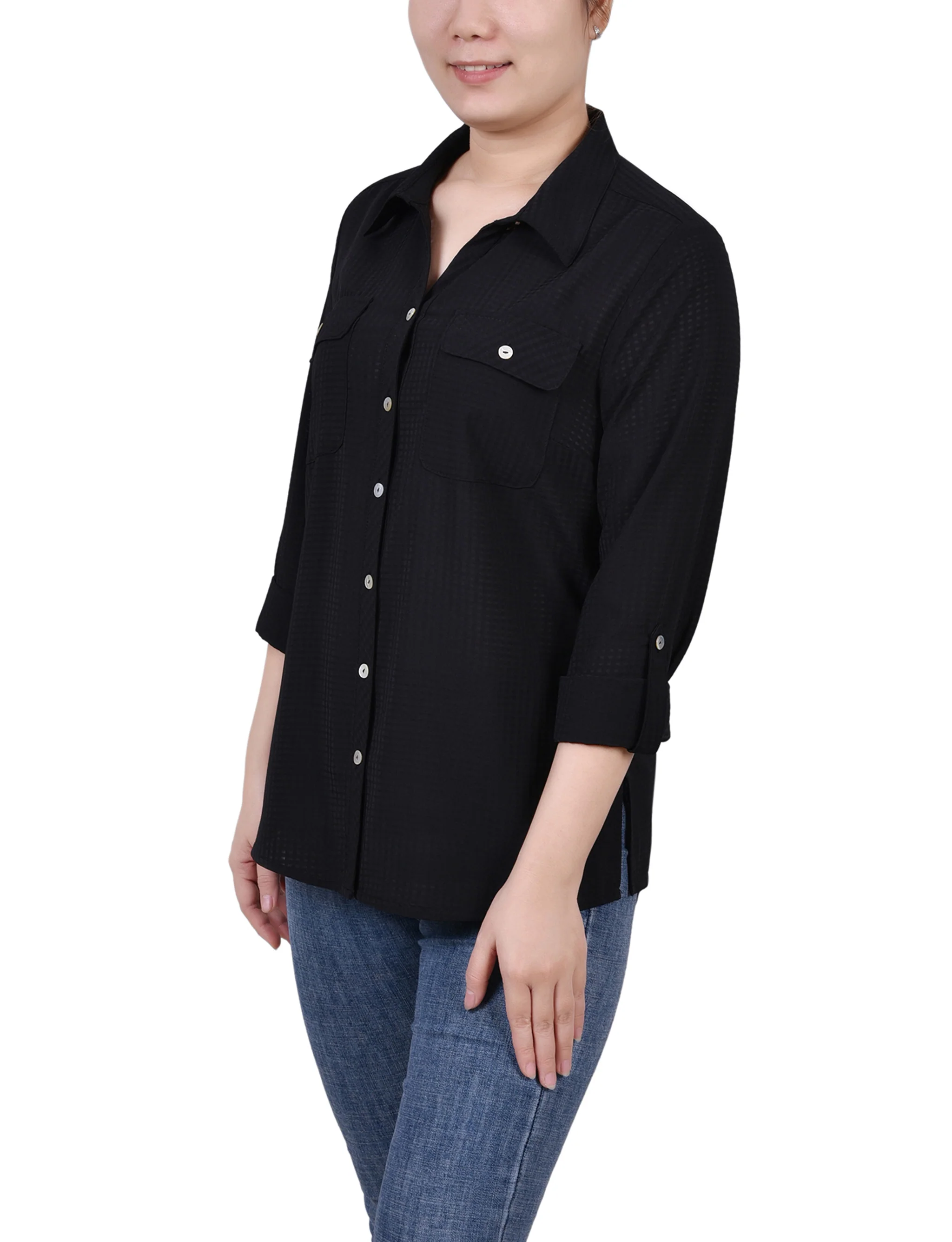Black 3/4 Sleeve Windowpane Blouse - Image 2