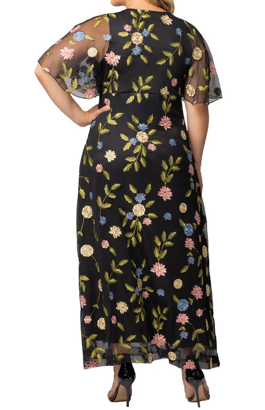 Black Blossom Print Embroidered Elegance Evening Gown - Plus - Image 2