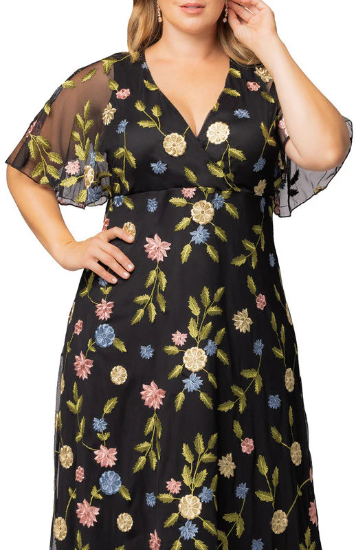 Black Blossom Print Embroidered Elegance Evening Gown - Plus - Image 3
