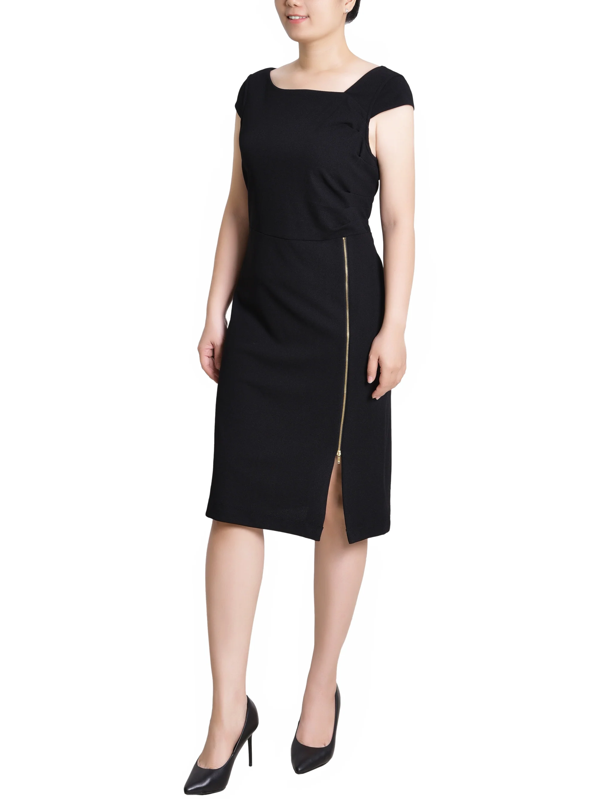 Black Cap Sleeve Exposed Zipper Dress - Petite - Image 2
