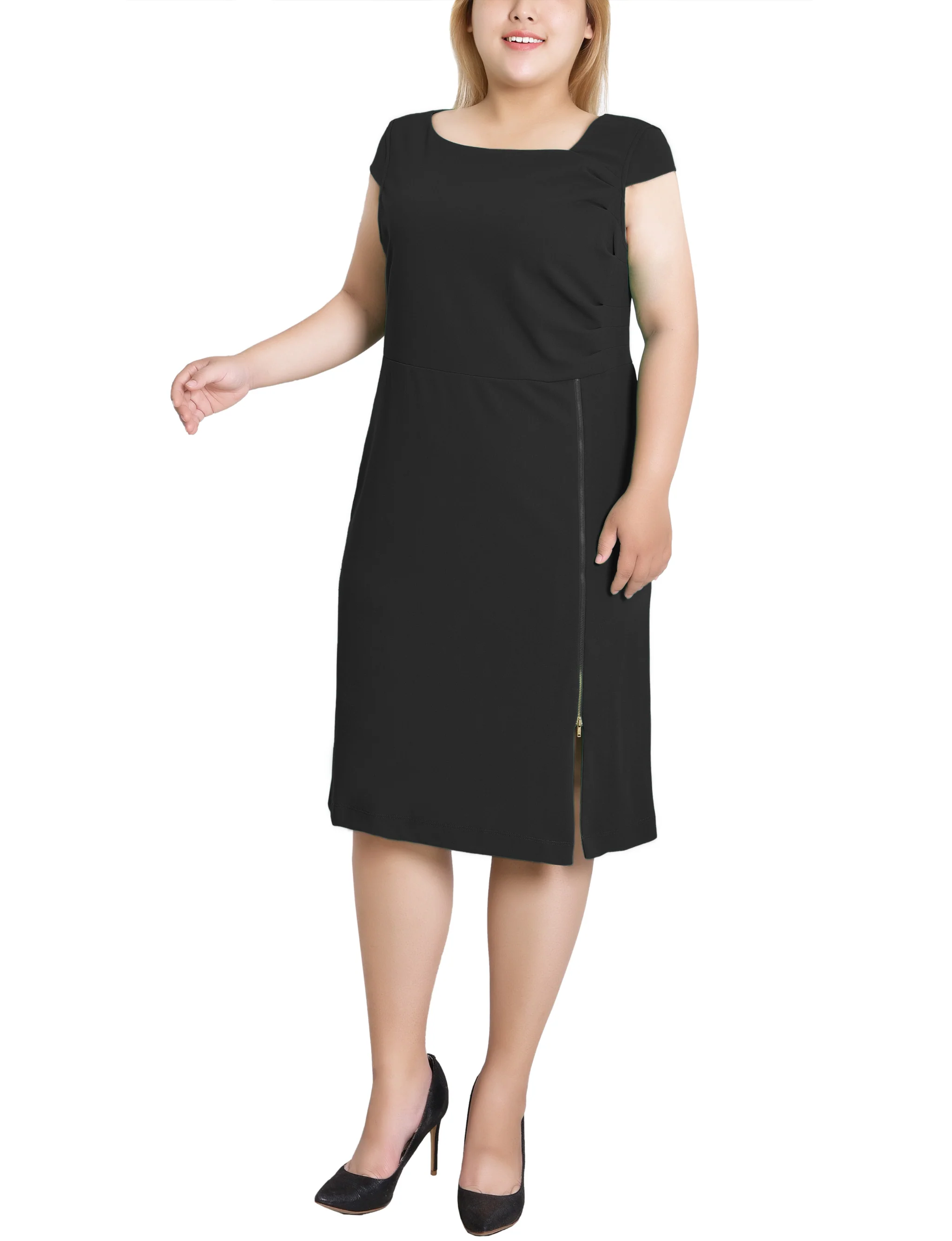 Black Cap Sleeve Exposed Zipper Dress - Plus - Image 2