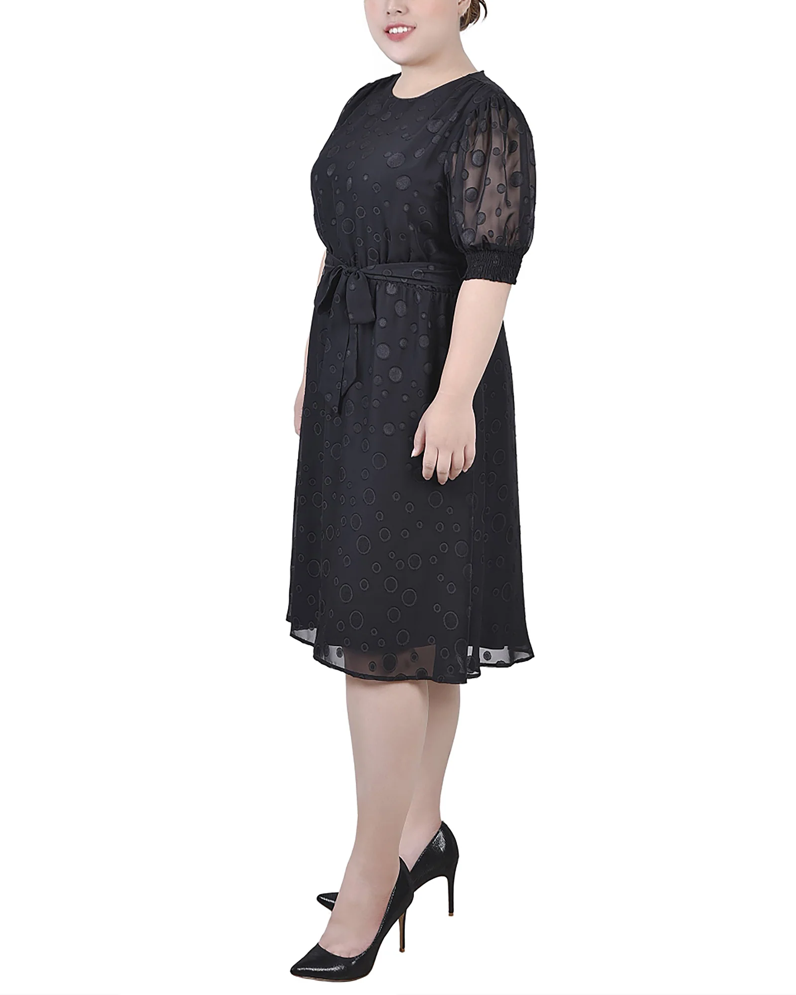 Black Elbow Sleeve Swiss Dot Dress - Plus - Image 2