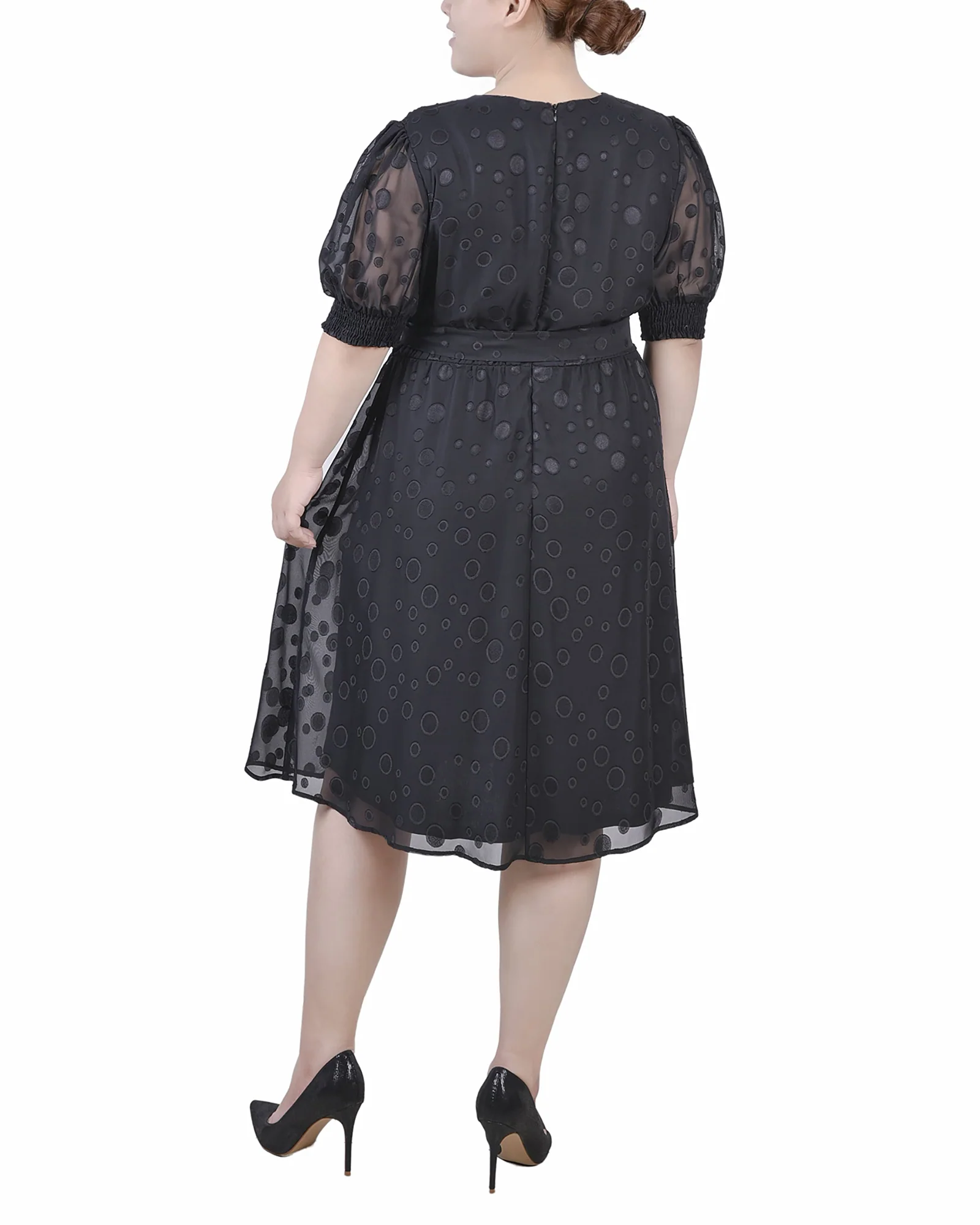 Black Elbow Sleeve Swiss Dot Dress - Plus - Image 3