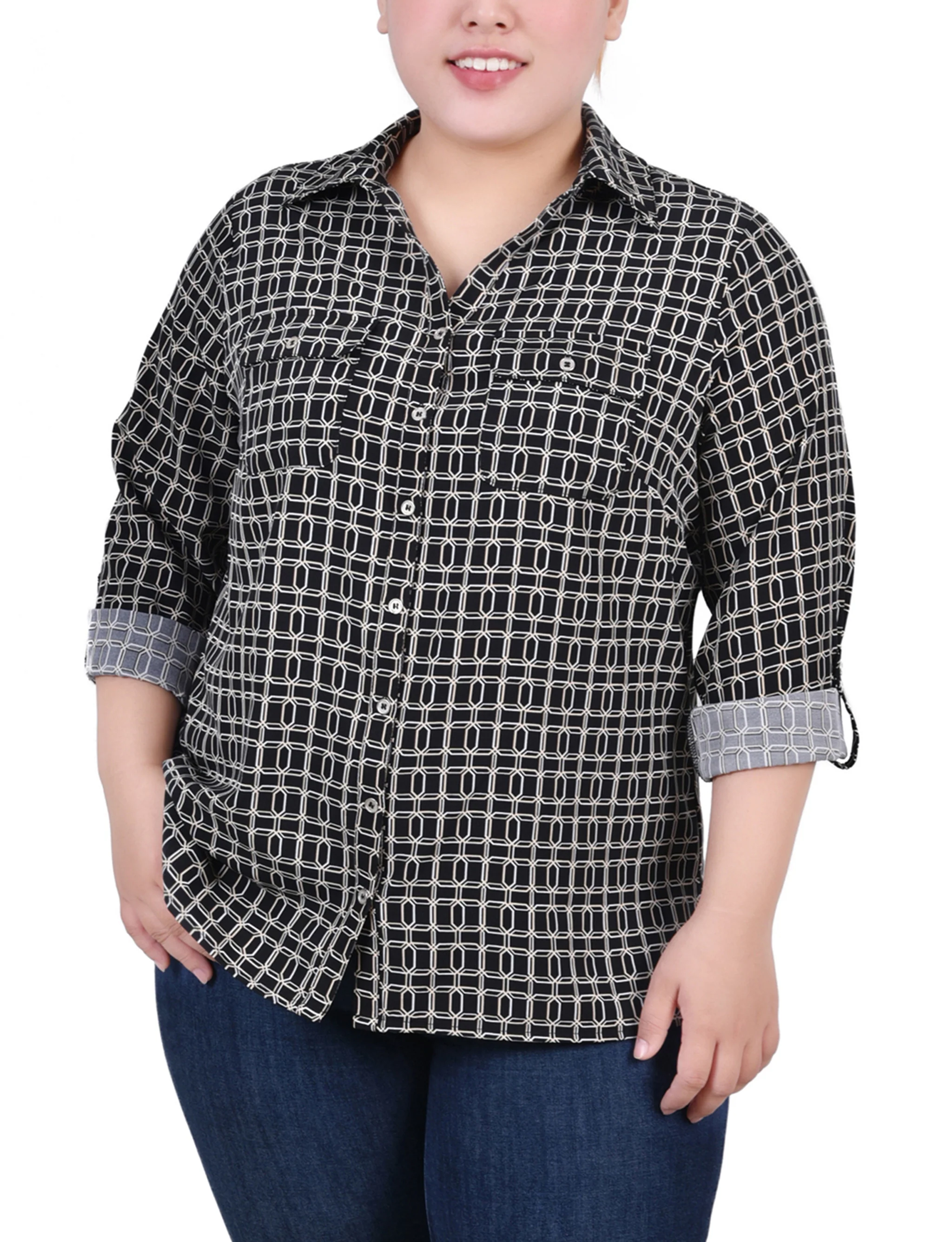 Black Gold Harlie 3/4 Roll Tab Blouse With Pockets - Plus Size