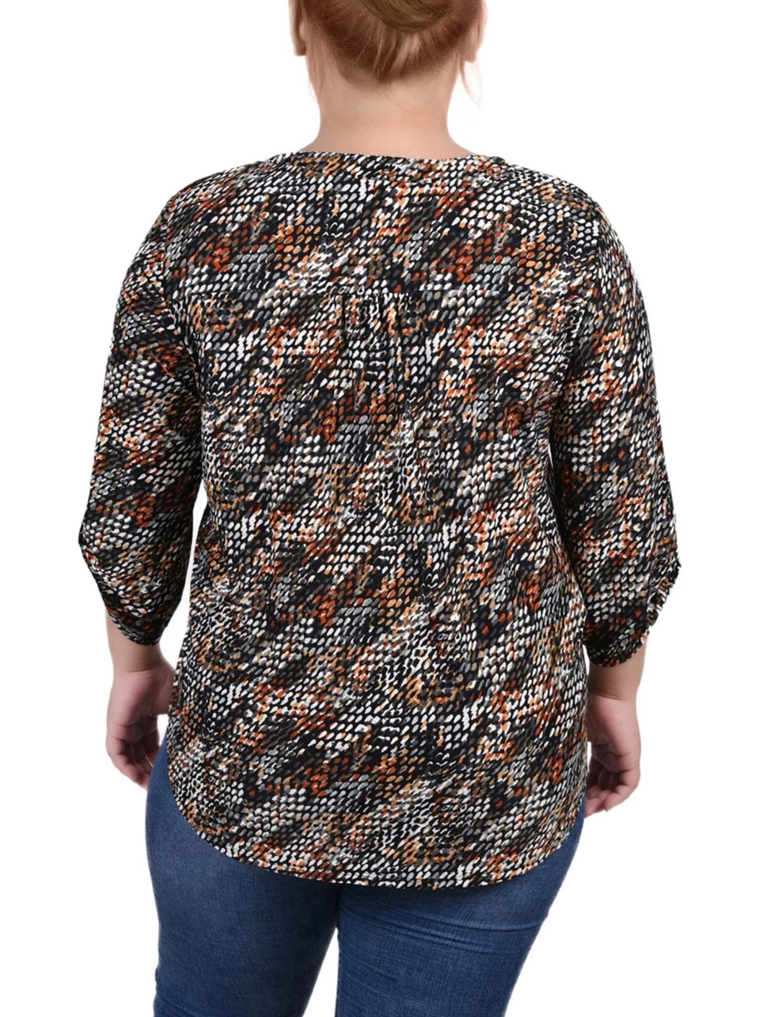 Black Grey Rust Geo 3/4 Roll Tap Pullover Top - Plus - Image 4