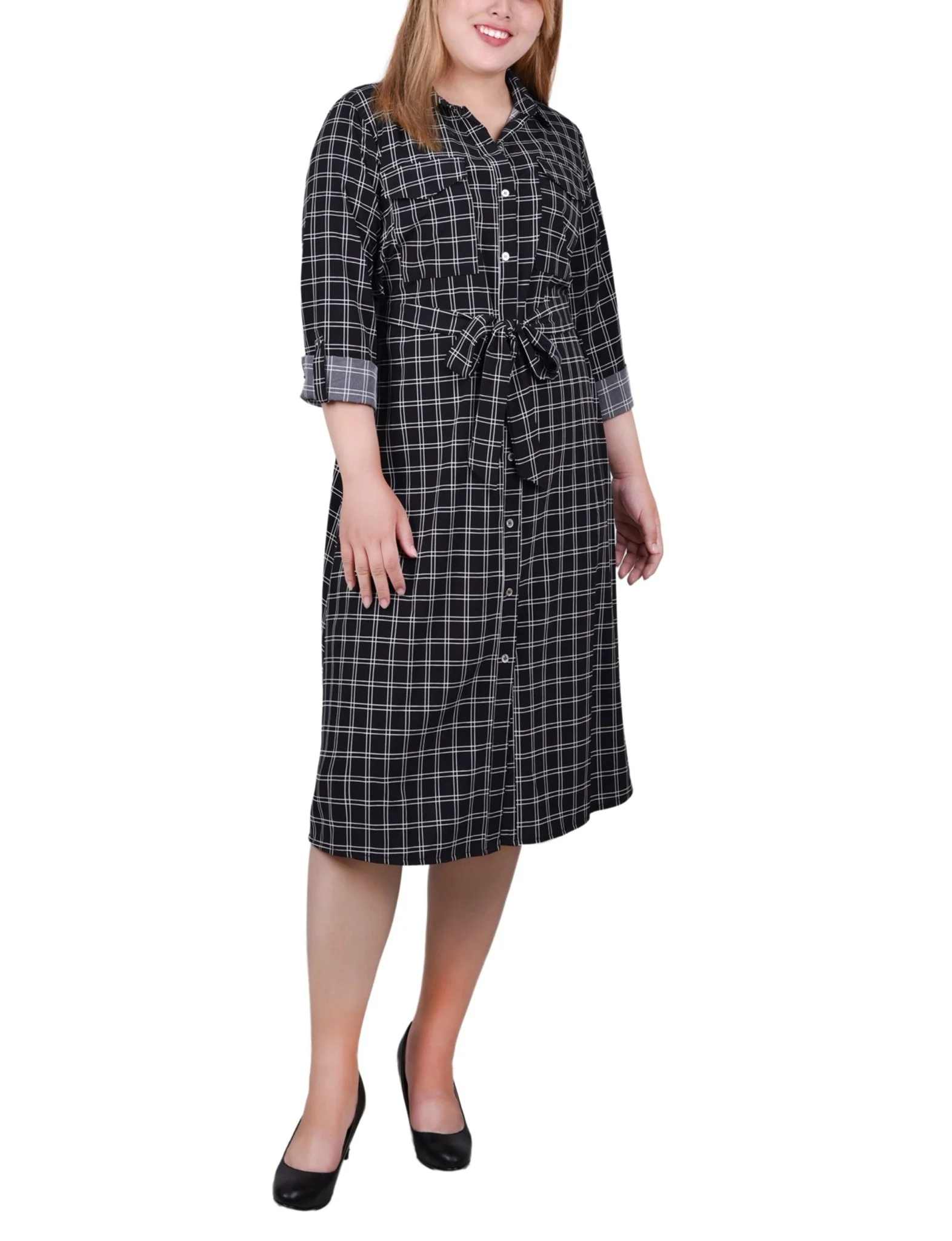 Black Gridview 3/4 Roll Tab Sleeve Belted Shirtdress - Plus