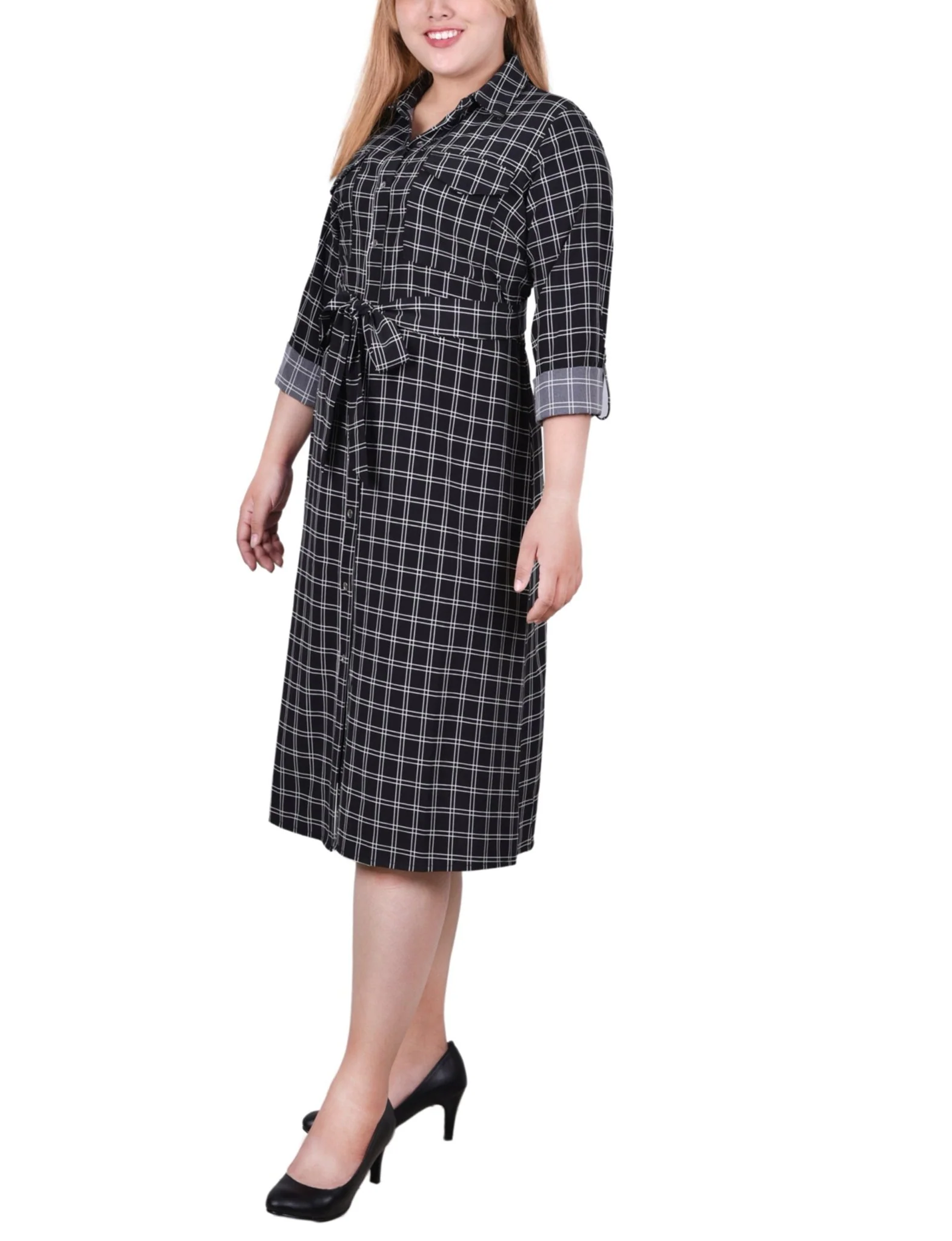 Black Gridview 3/4 Roll Tab Sleeve Belted Shirtdress - Plus - Image 2