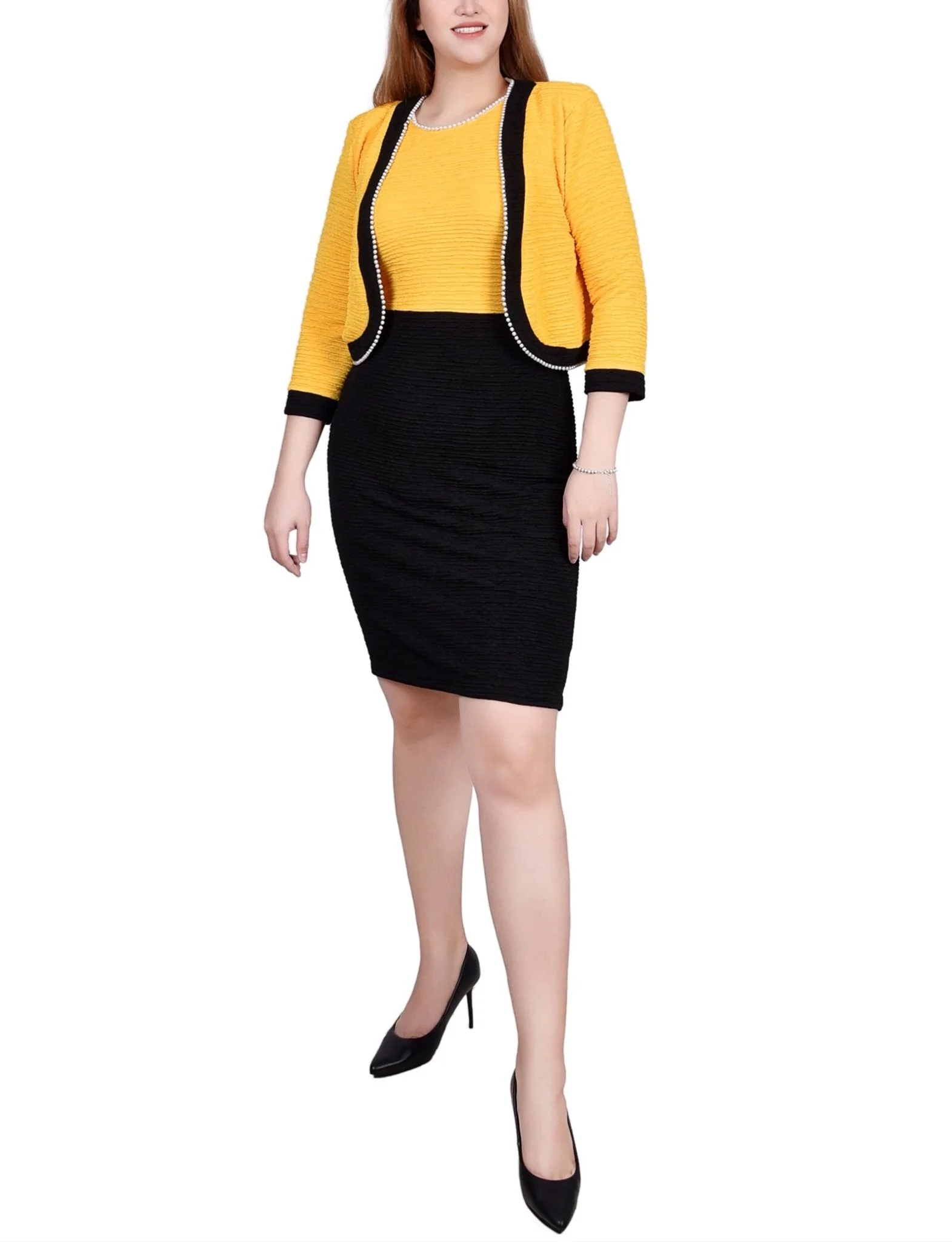 Black Lemon 3/4 Sleeve Textured Knit 2 Piece Dress Set - Petite - Image 2