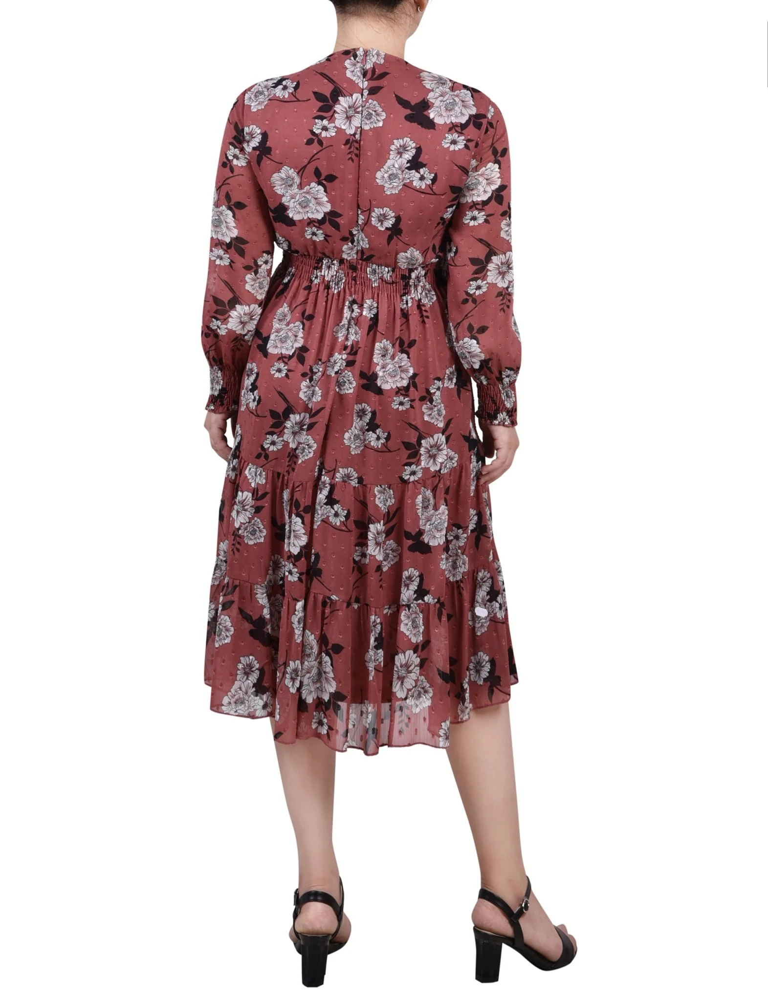 Black Mauve Shadown Long Sleeve Clip Dot Chiffon Dress With Smocked Waist and Cuffs - Image 3