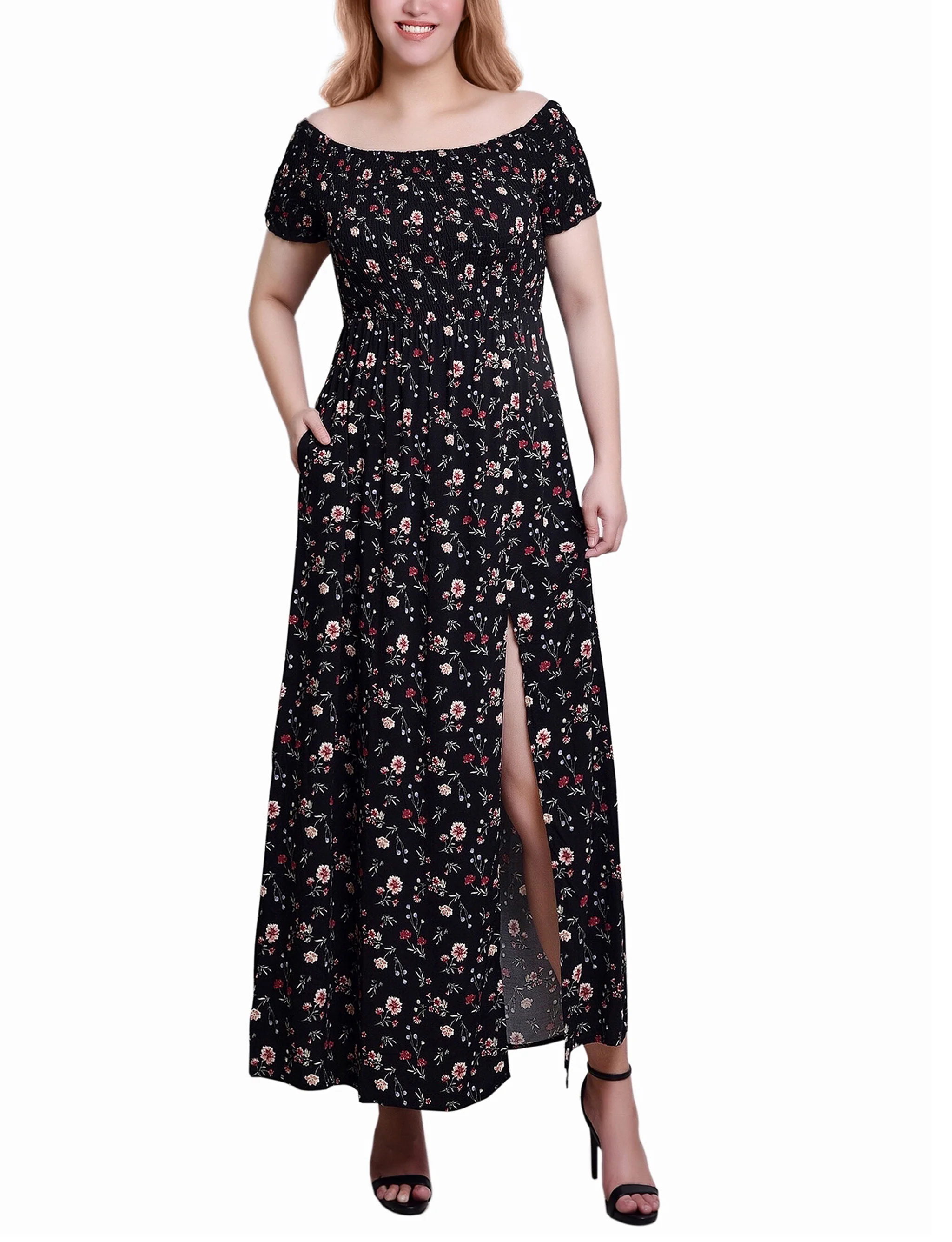 Black Mauve Stemflrl Smocked Bodice Maxi Dress
