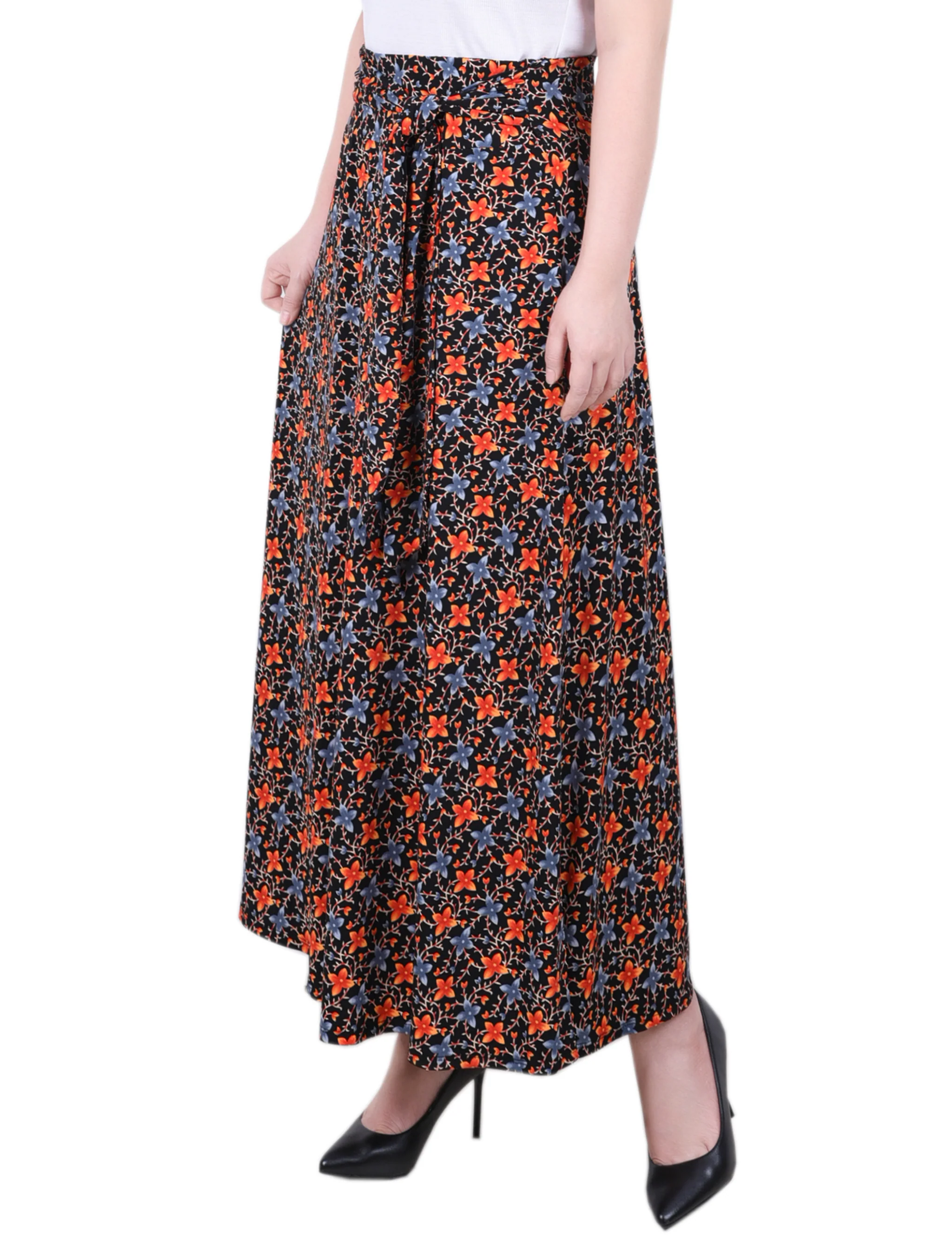 Black Orange Floral Maxi Skirt With Sash Waist Tie - Petite - Image 2